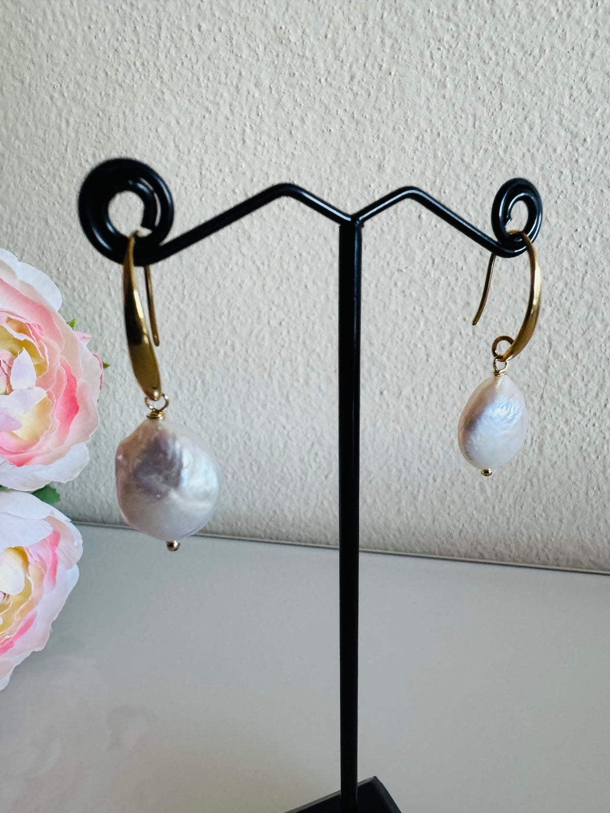 Freshwater Coin Shape Baroque Pearl Drop Earrings, Surgical Stainless Gold Dangle Earrings, Handmade Australian Jewellery, Gift For Her