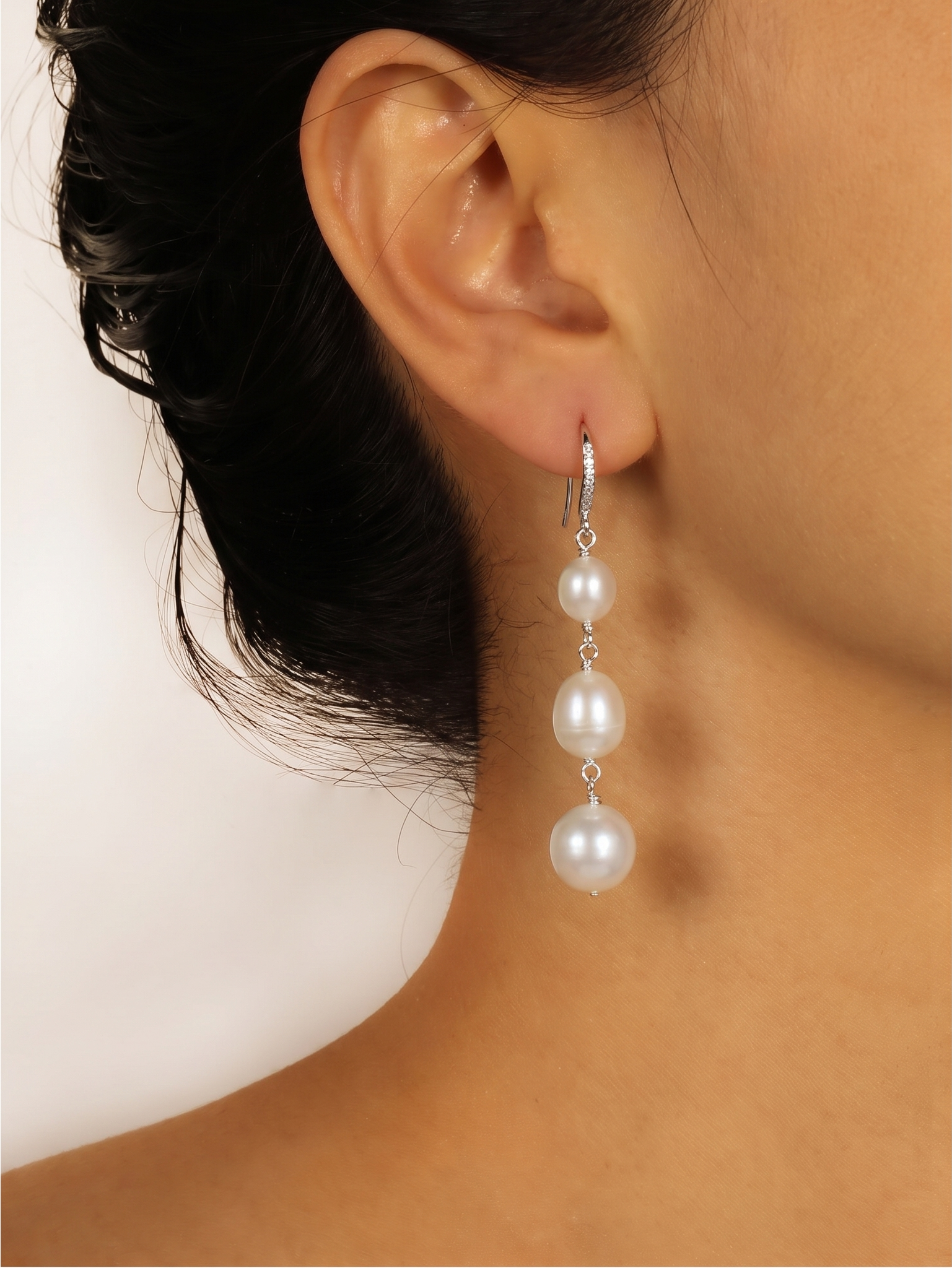 Sterling silver freshwater pearl trilogy earrings with cubic zirconia melees