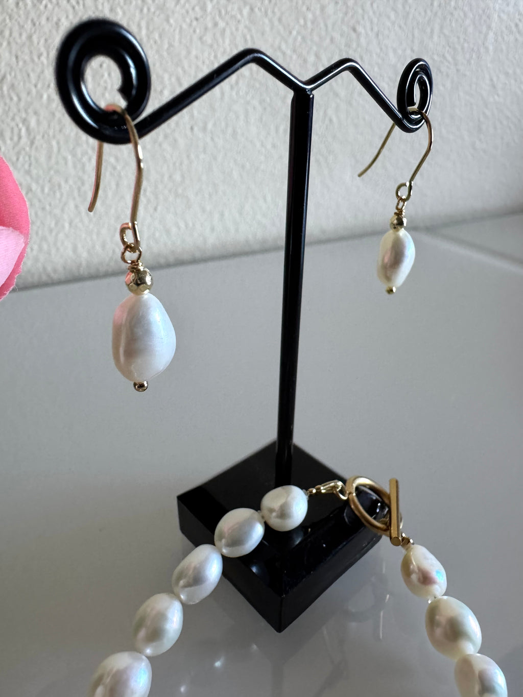 Freshwater baroque pearl bracelet and a pair of matching earrings with surgical stainless gold settings