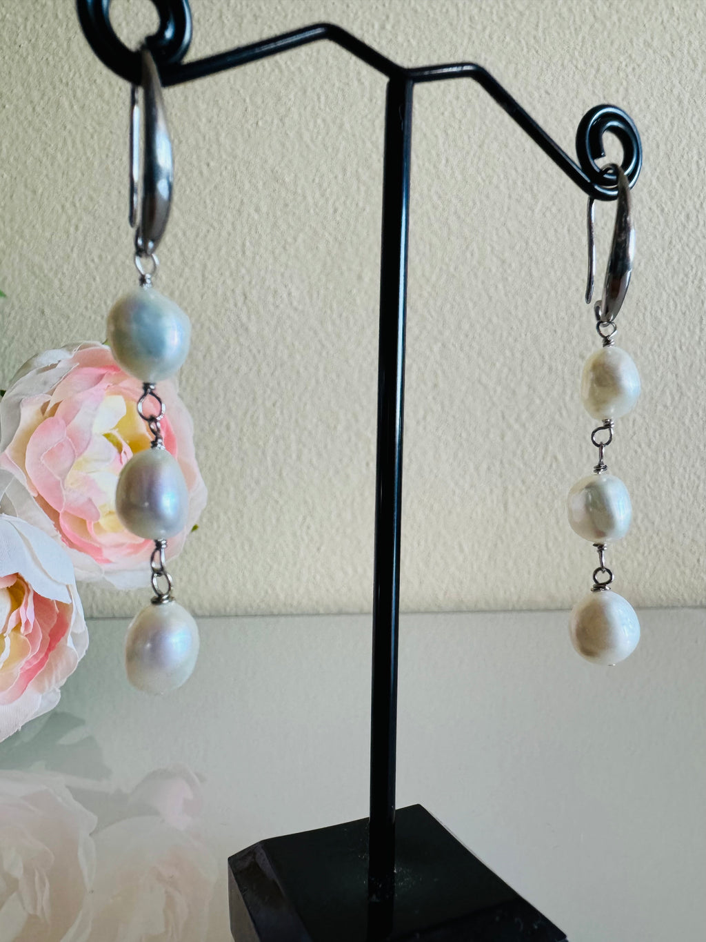 Freshwater Off Round White Pearl Trilogy Earrings with Surgical Stainless Settings, Tarnish Fee, Waterproof, Handmade Australia, Gift for Her