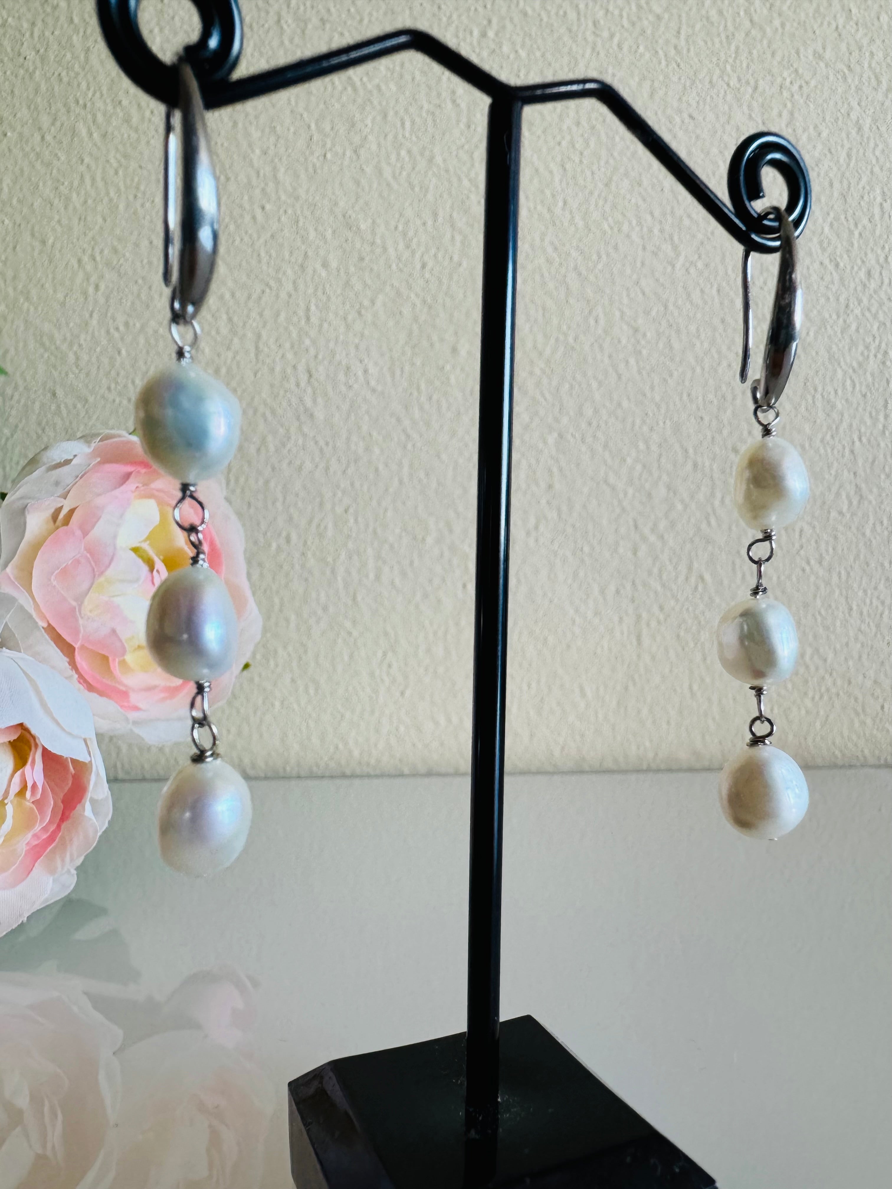 Freshwater Off Round White Pearl Trilogy Earrings with Surgical Stainless Settings, Tarnish Fee, Waterproof, Handmade Australia, Gift for Her