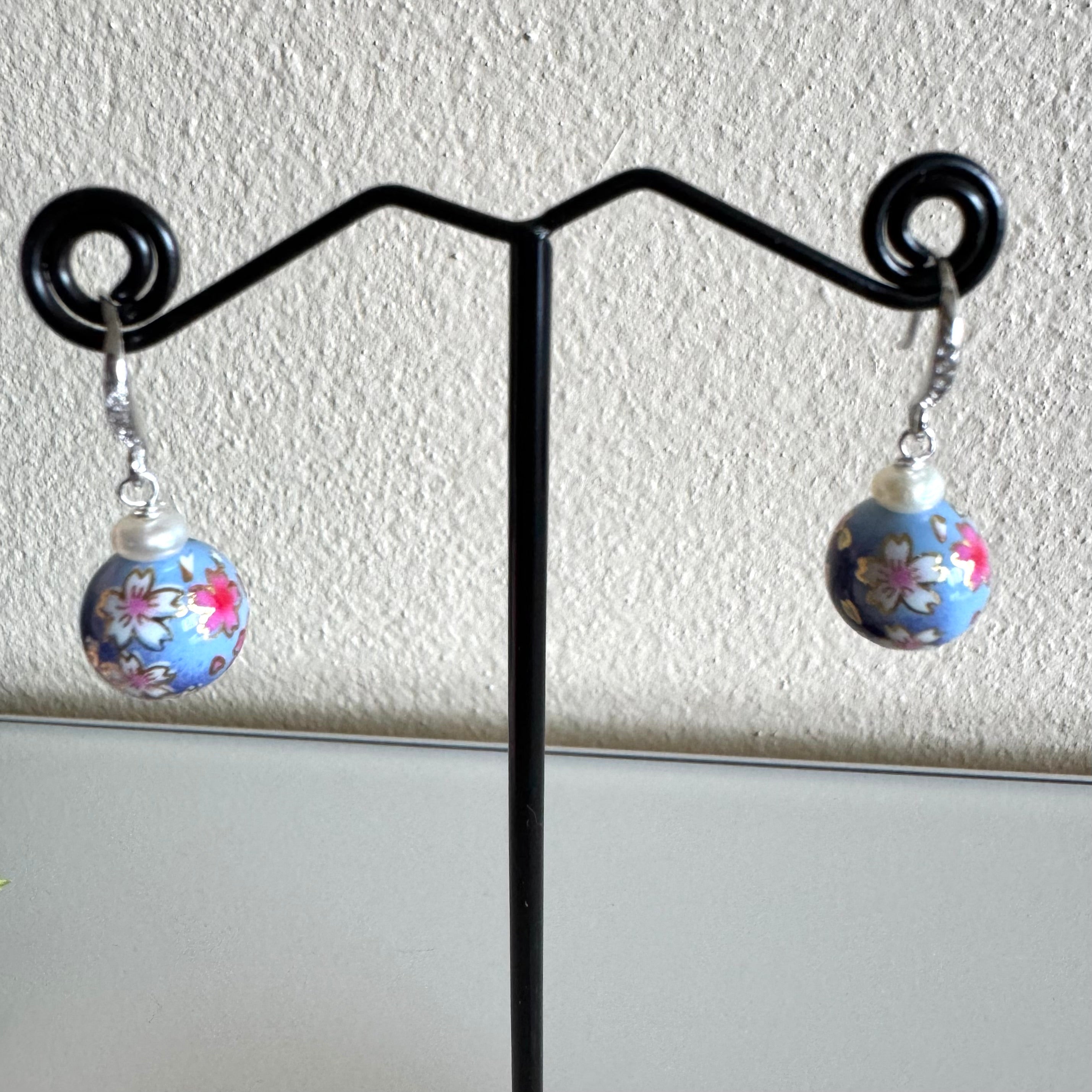 Sterling silver Japanese tensha beads and freshwater pearl earrings