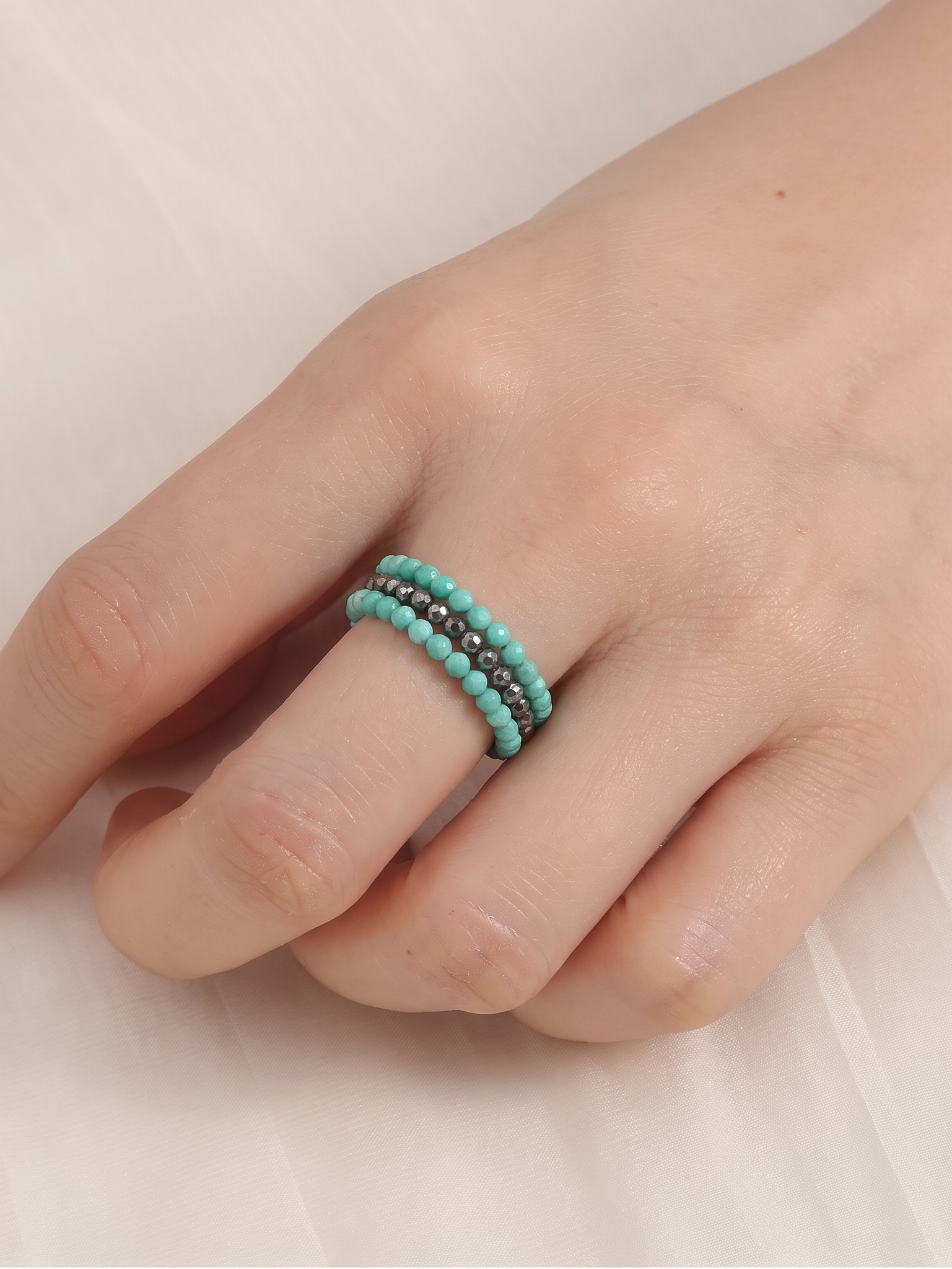 Turquoise and Terahertz stone (faceted) free size memory wire ring