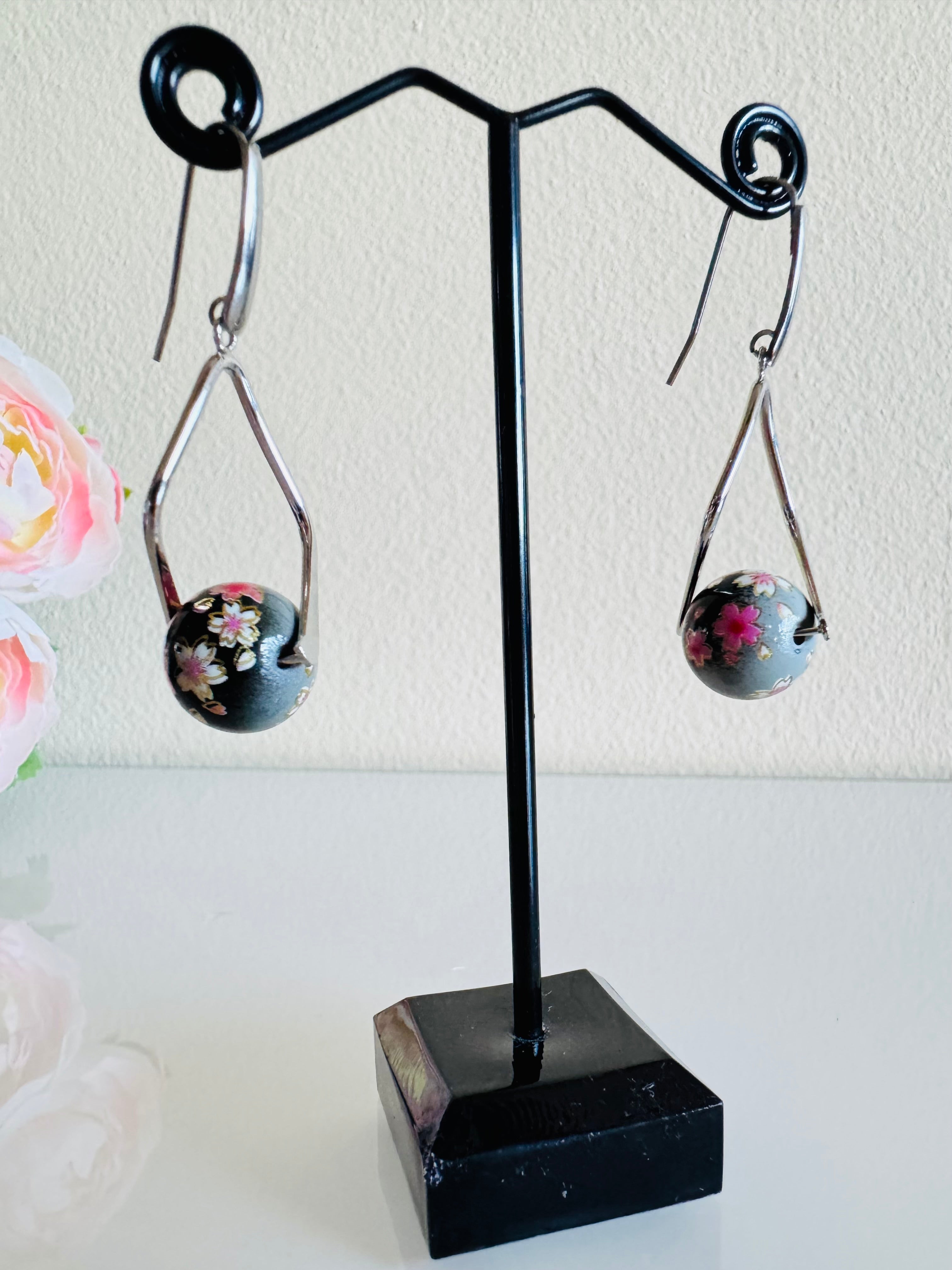 Japanese Tensha Beads Earrings - Black Sakura Floral | Stainless Steel Hooks