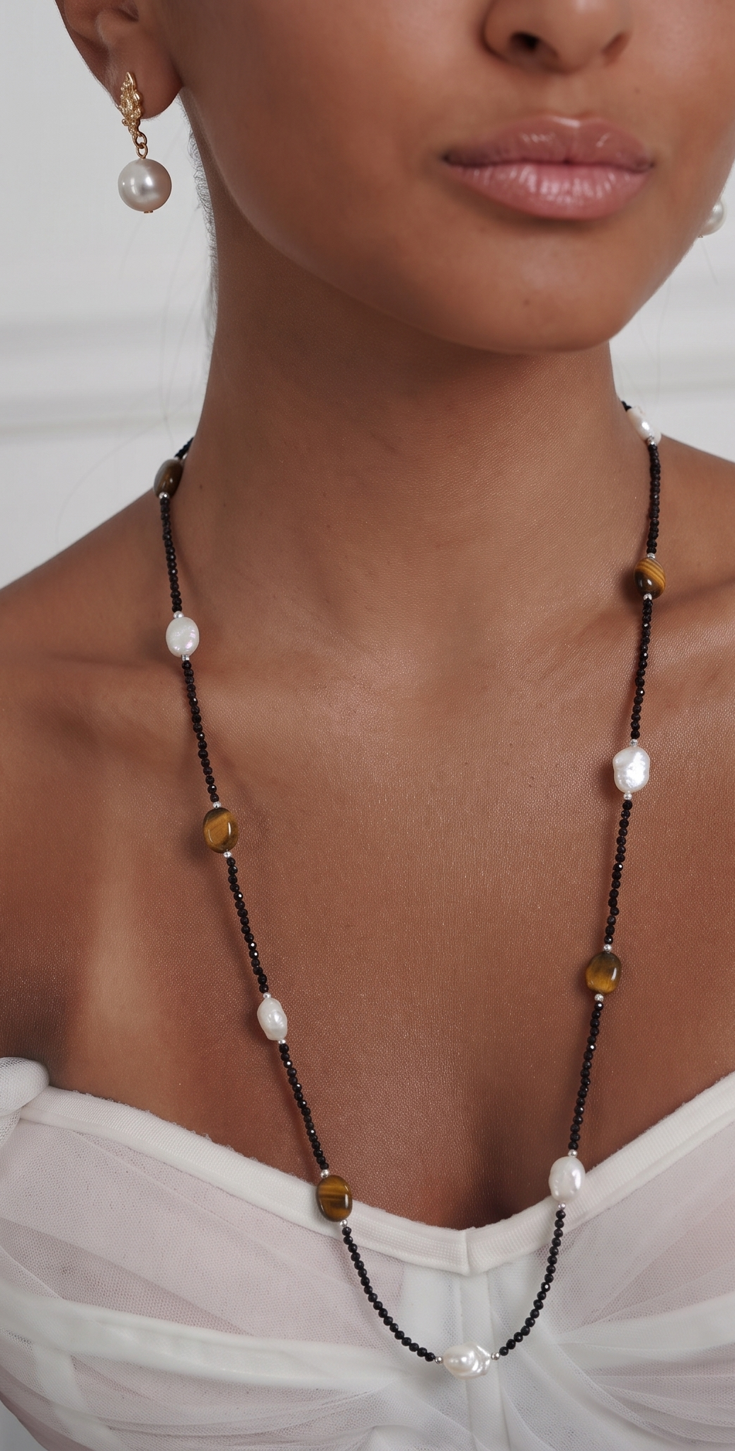 Black spinel, Tiger’s eye, freshwater pearl and hematite long necklace plus shorten clasps 