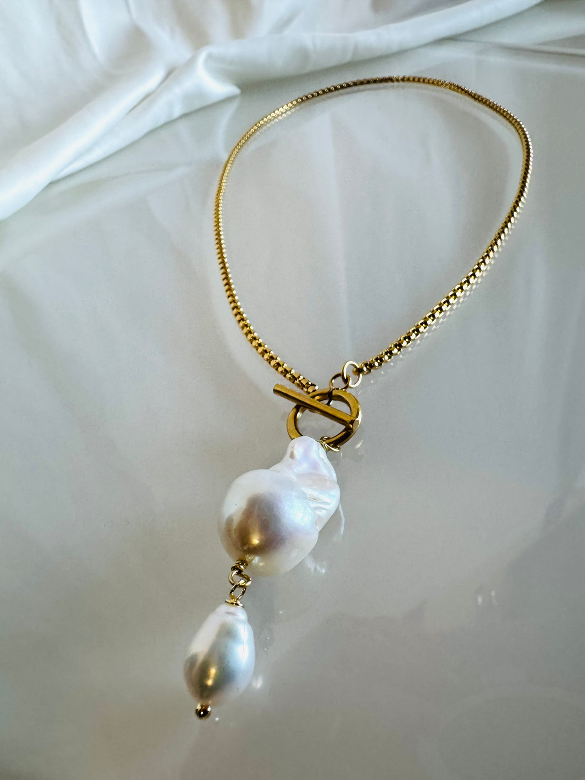 Handmade Baroque Pearl Toggle Necklace, Surgical Stainless Steel Chain, Minimalist Jewellery