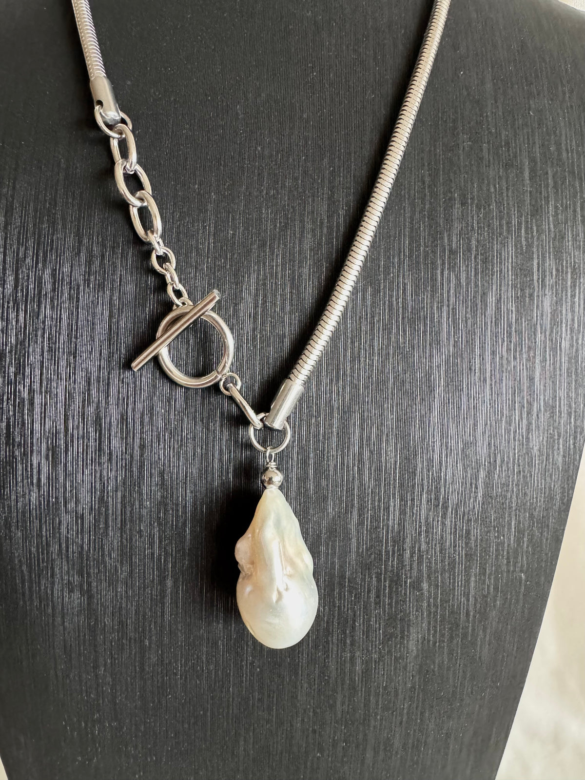 Handmade Baroque Pearl Toggle Necklace, Surgical Stainless Steel Chain, Statement Jewellery