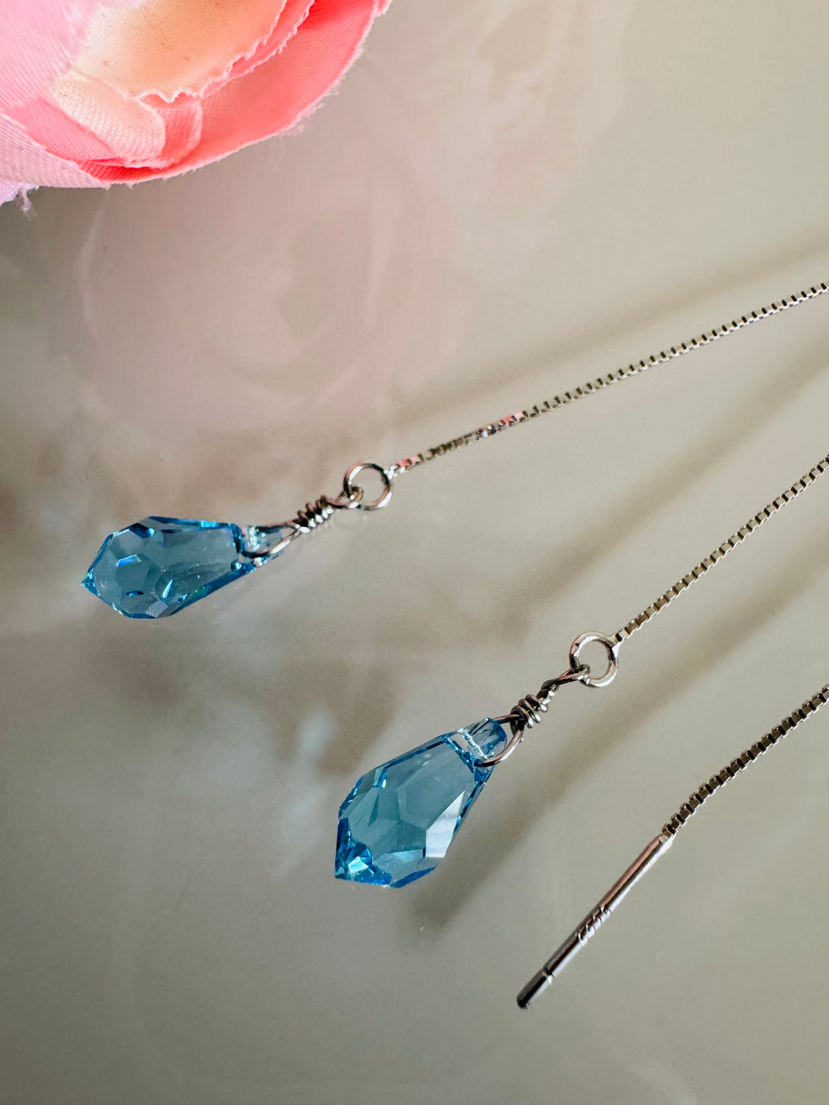 Swarovski Crystal Drop Earrings, Sterling Silver Aqua Blue Dangle Chain Earrings, Handmade Australian Jewellery, Rodium Plated Silver