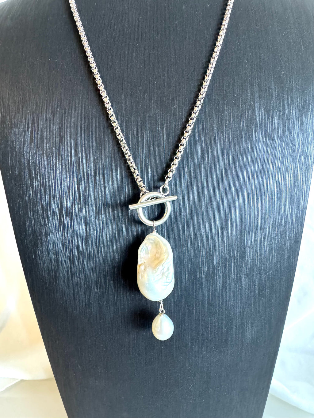 Handmade Baroque Pearl Toggle Necklace, Surgical Stainless Steel Chain, Minimalist Jewelry