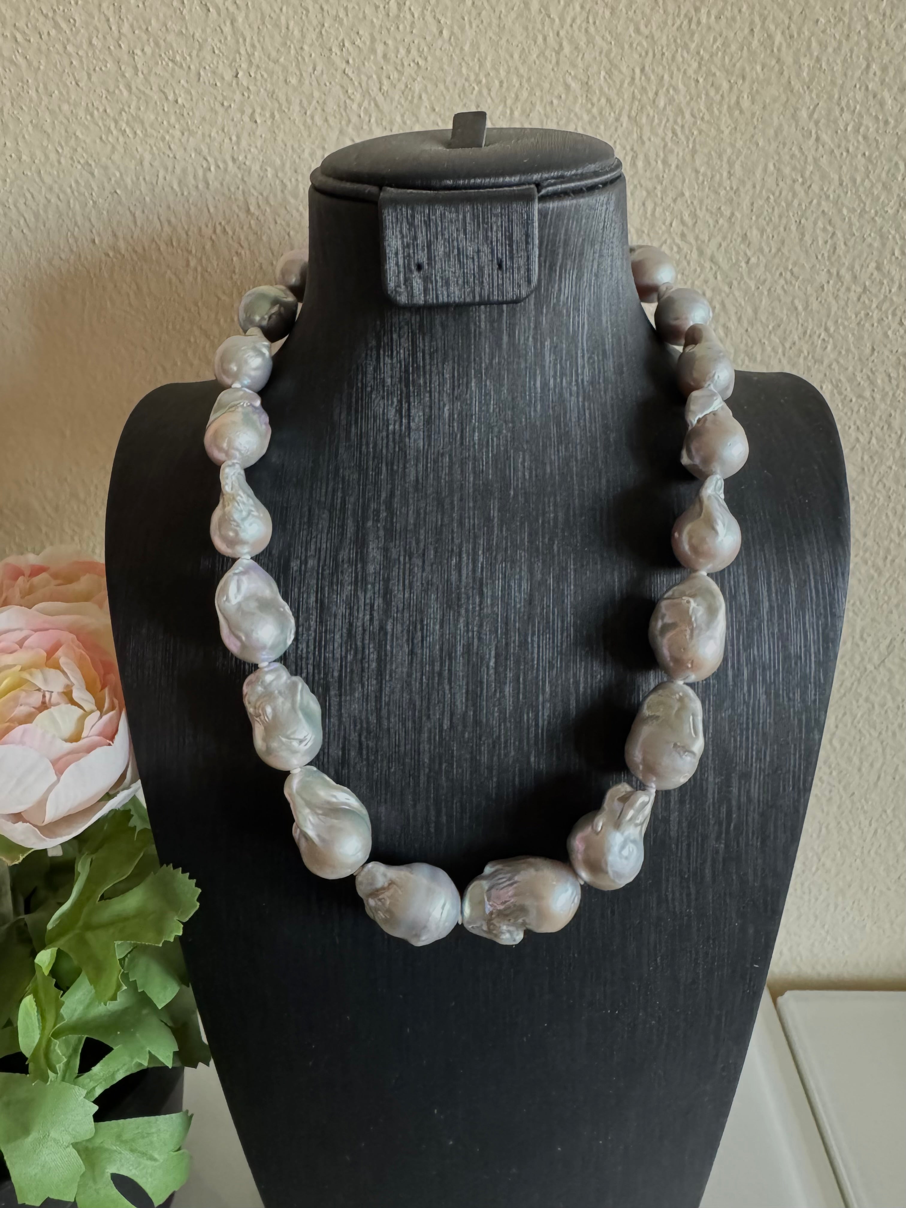 Large Grey Colour Baroque Pearl Necklace, 925 Sterling Silver Puch Clasp, Genuine Pearl Jewelry, Handcrafted in Australia, Exclusive Gift