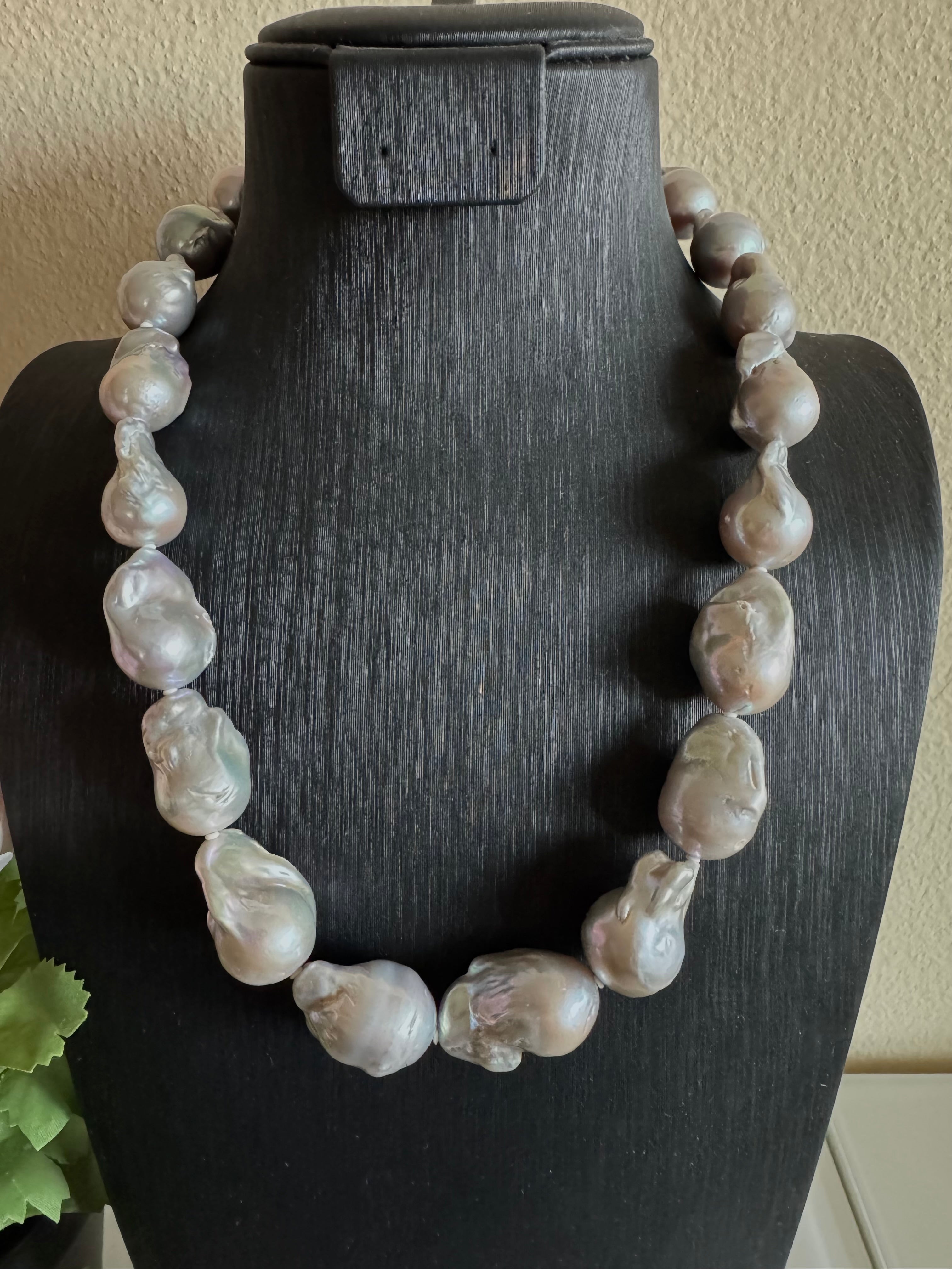 Large Grey Colour Baroque Pearl Necklace, 925 Sterling Silver Puch Clasp, Genuine Pearl Jewelry, Handcrafted in Australia, Exclusive Gift