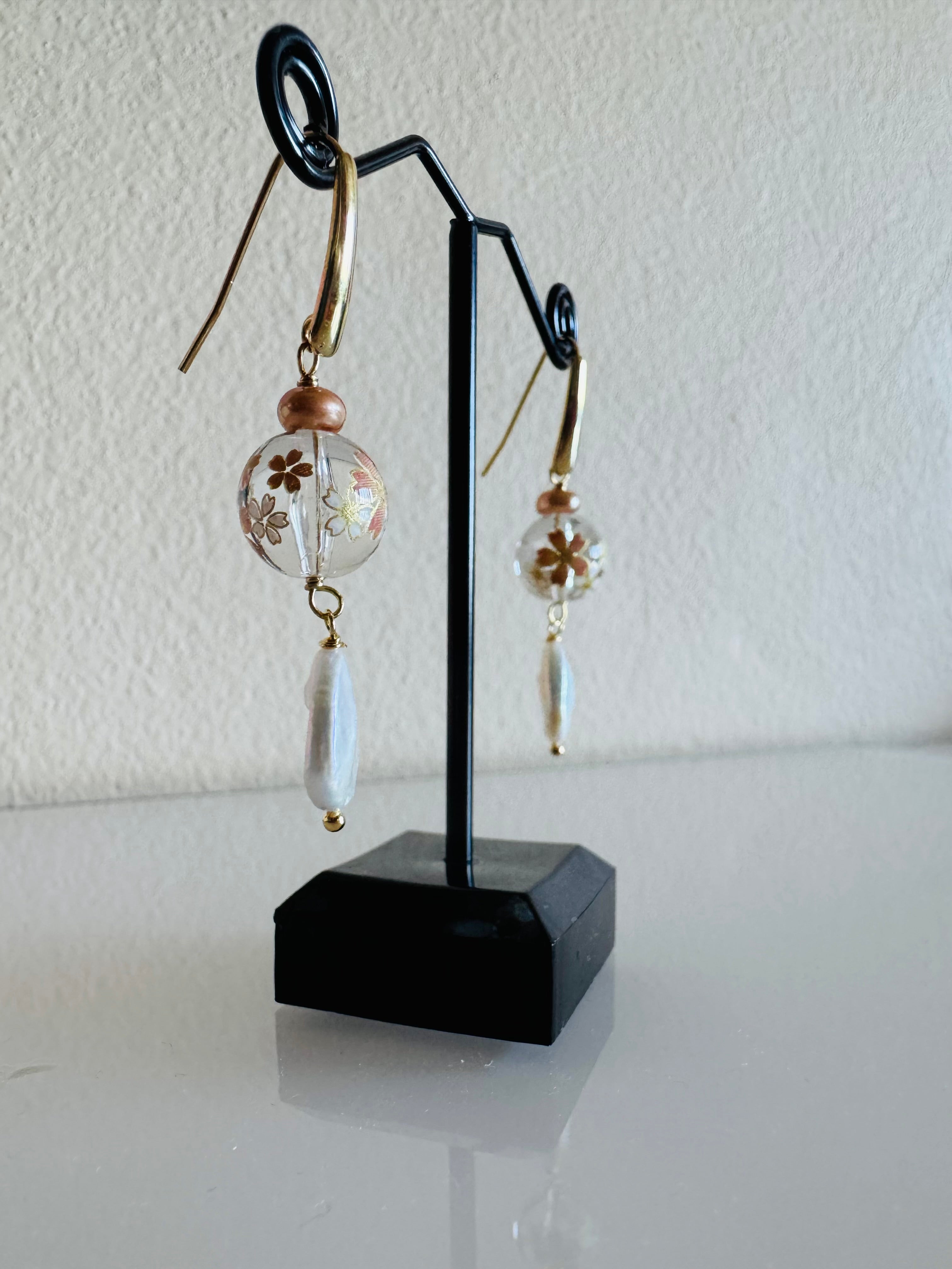 Japanese Tensha Beads Freshwater White Drop and Golden Pearls with Surgical Stainless Gold Hook Earrings