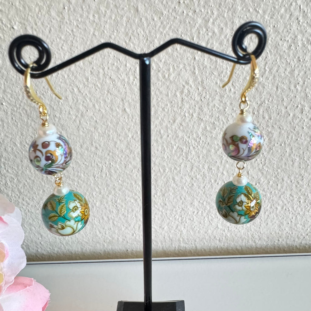 Japanese tensha beads and freshwater pearl earrings with Sterling Silver gold plated hooks