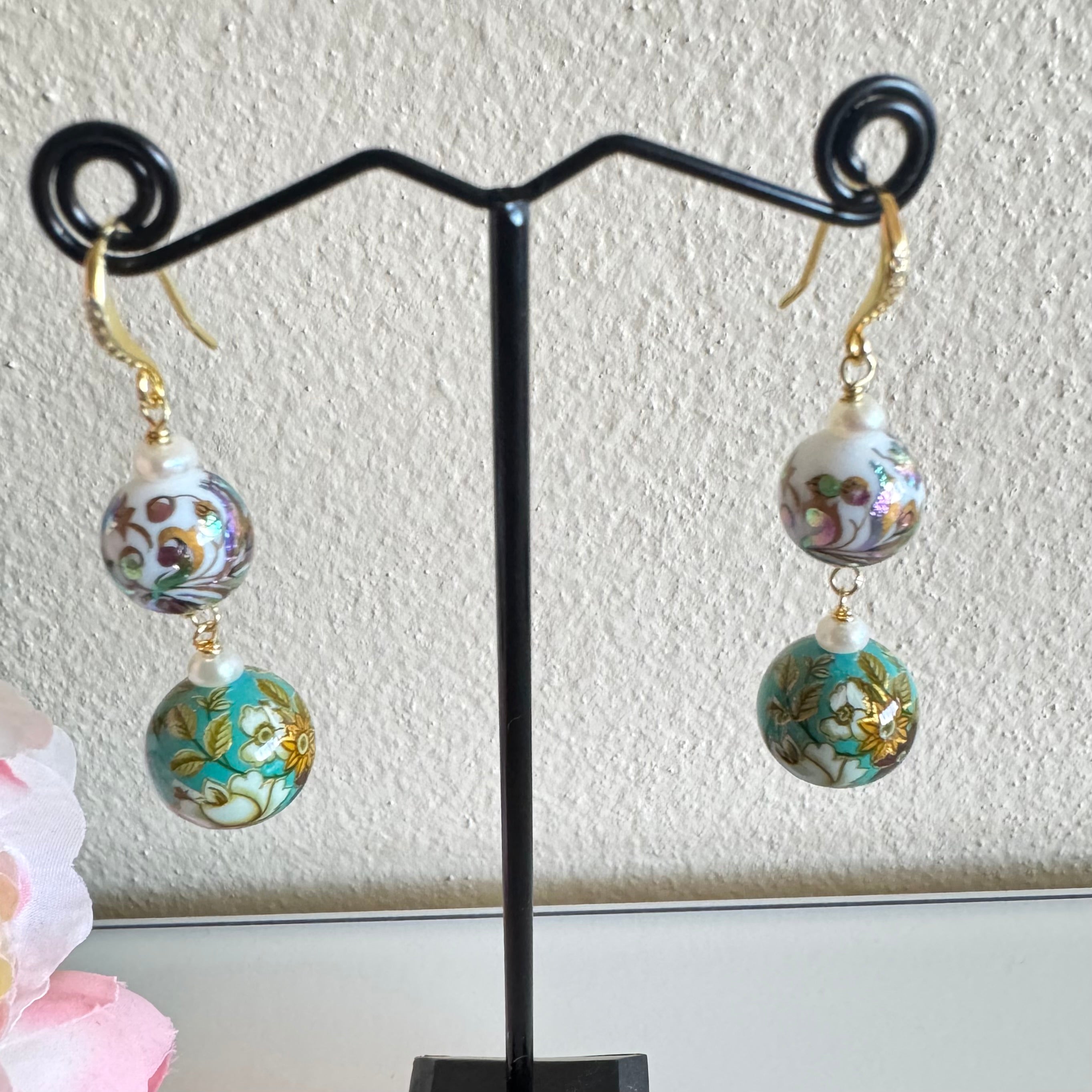 Japanese tensha beads and freshwater pearl earrings with Sterling Silver gold plated hooks