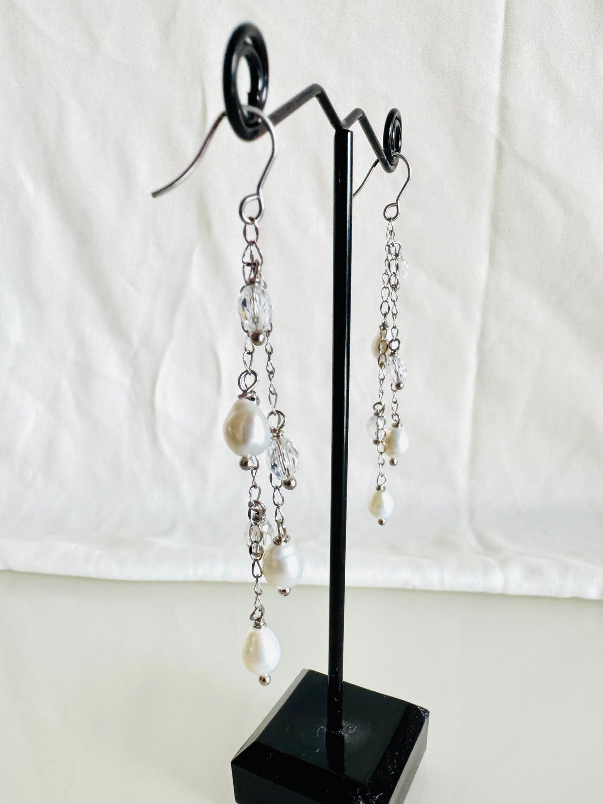 Handcrafted Teardrop Freshwater Pearl & Swarovski Crystal Earrings – Elegant Long Drop Jewelry