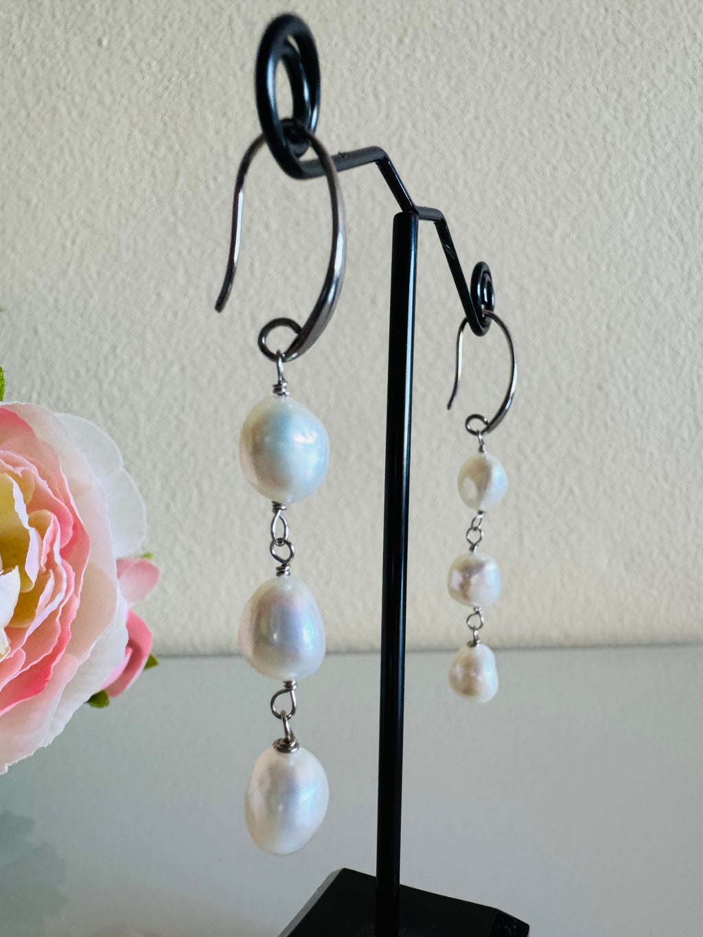 Freshwater Off Round White Pearl Trilogy Earrings with Surgical Stainless Settings, Tarnish Fee, Waterproof, Handmade Australia, Gift for Her