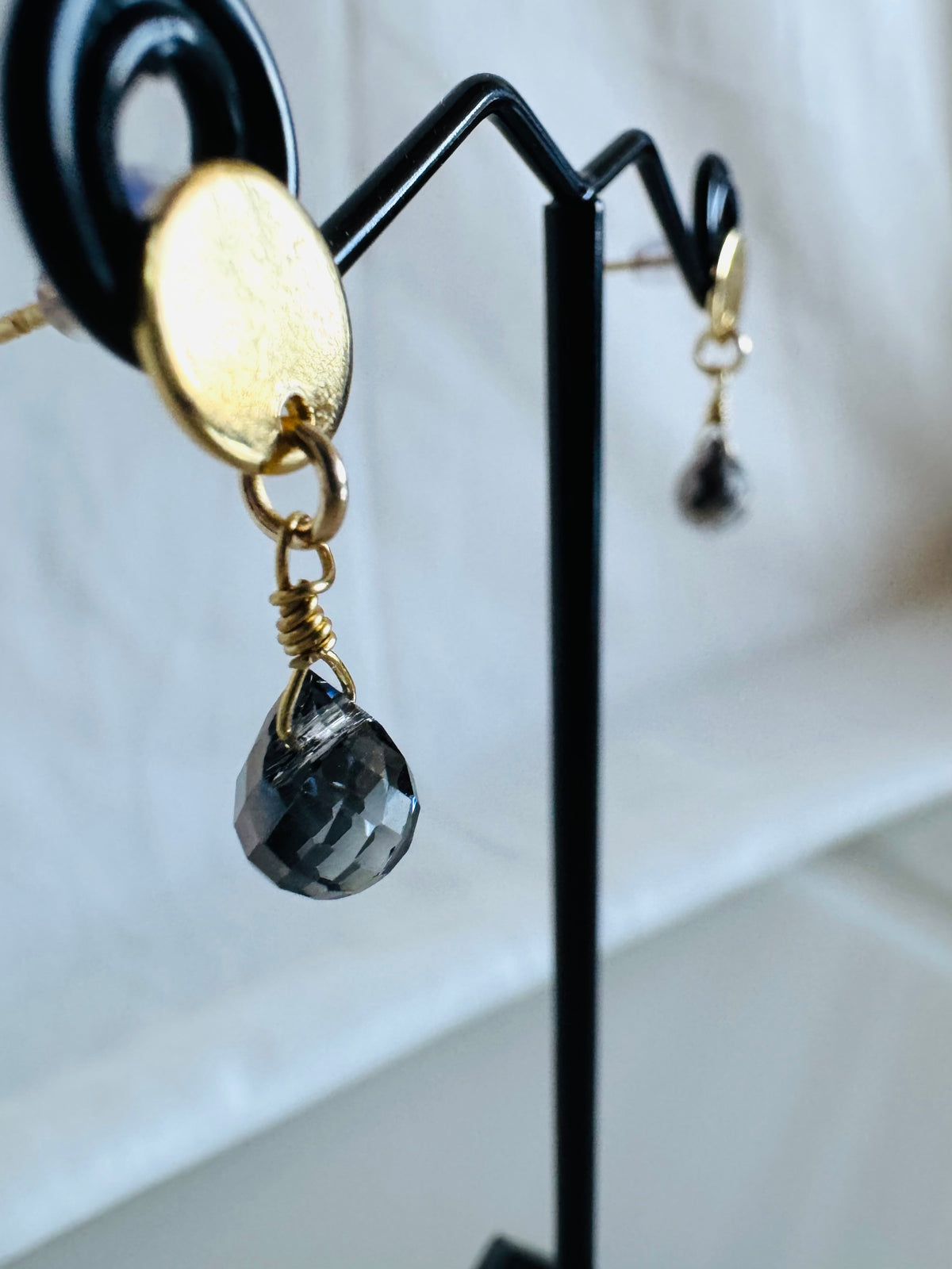 Handmade Dark Grey Crystal Drop Earrings, Surgical Stainless Gold Studs, Lightweight (1.5g)