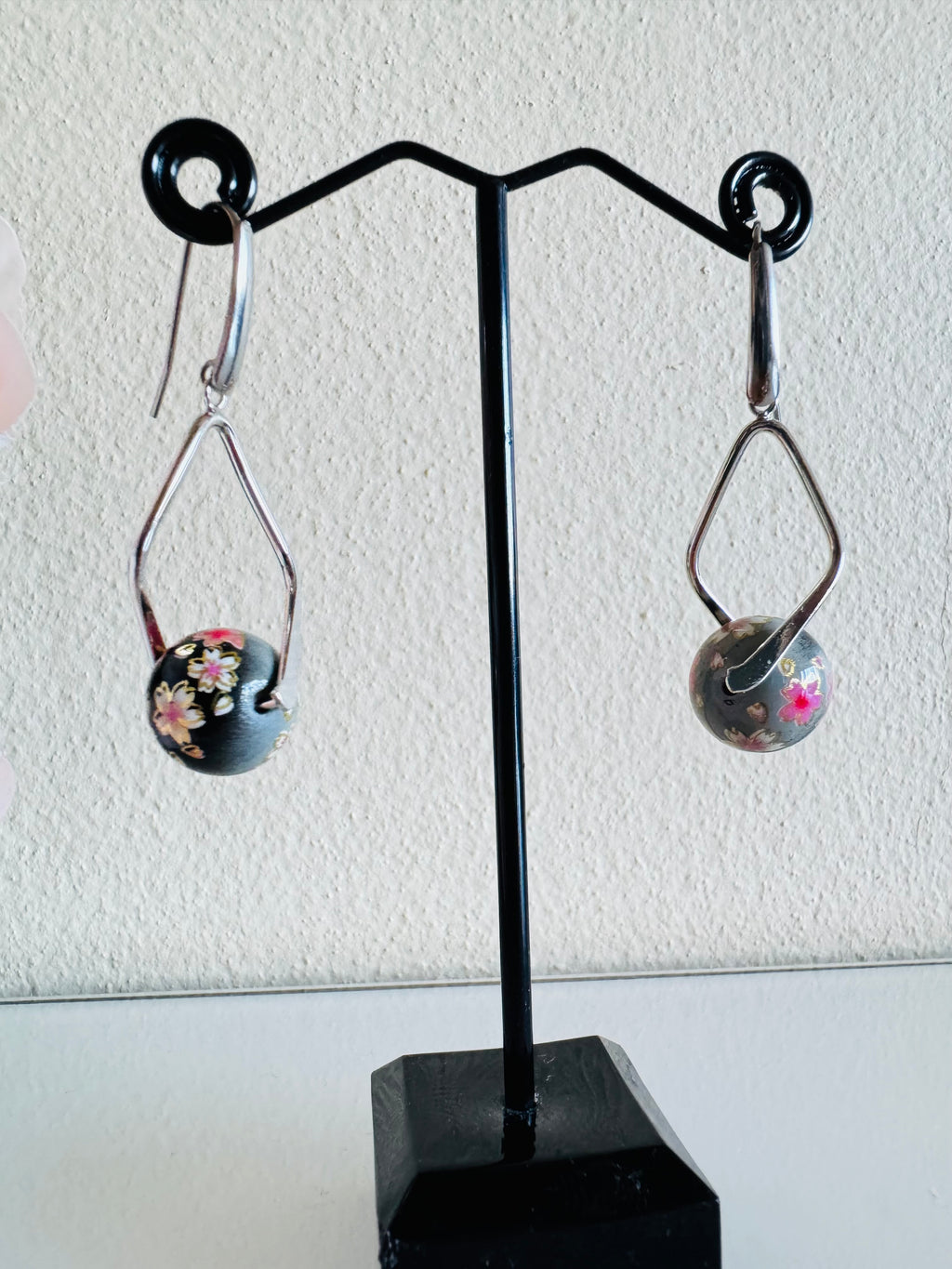 Japanese Tensha Beads Earrings - Black Sakura Floral | Stainless Steel Hooks