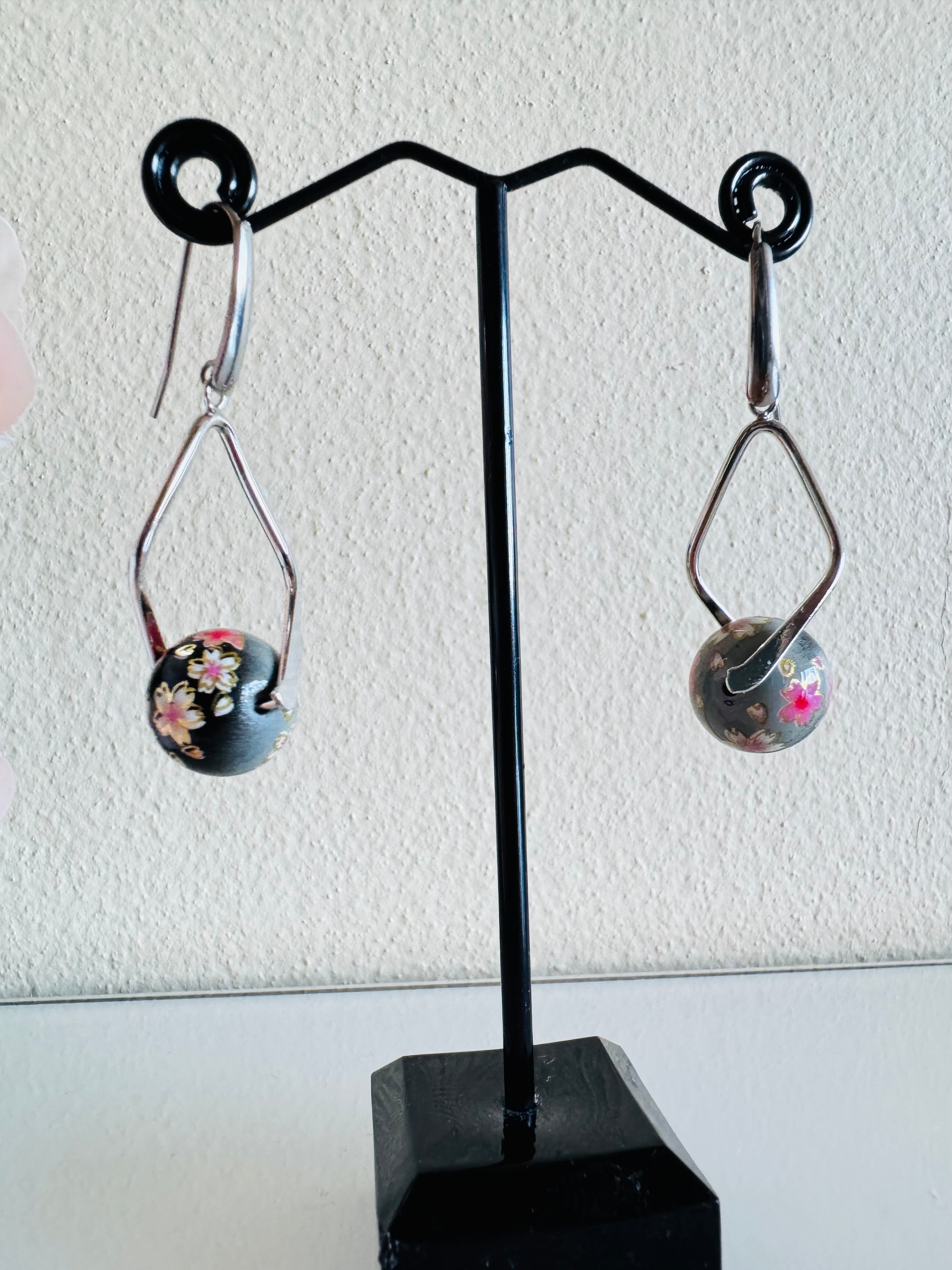 Japanese Tensha Beads Earrings - Black Sakura Floral | Stainless Steel Hooks