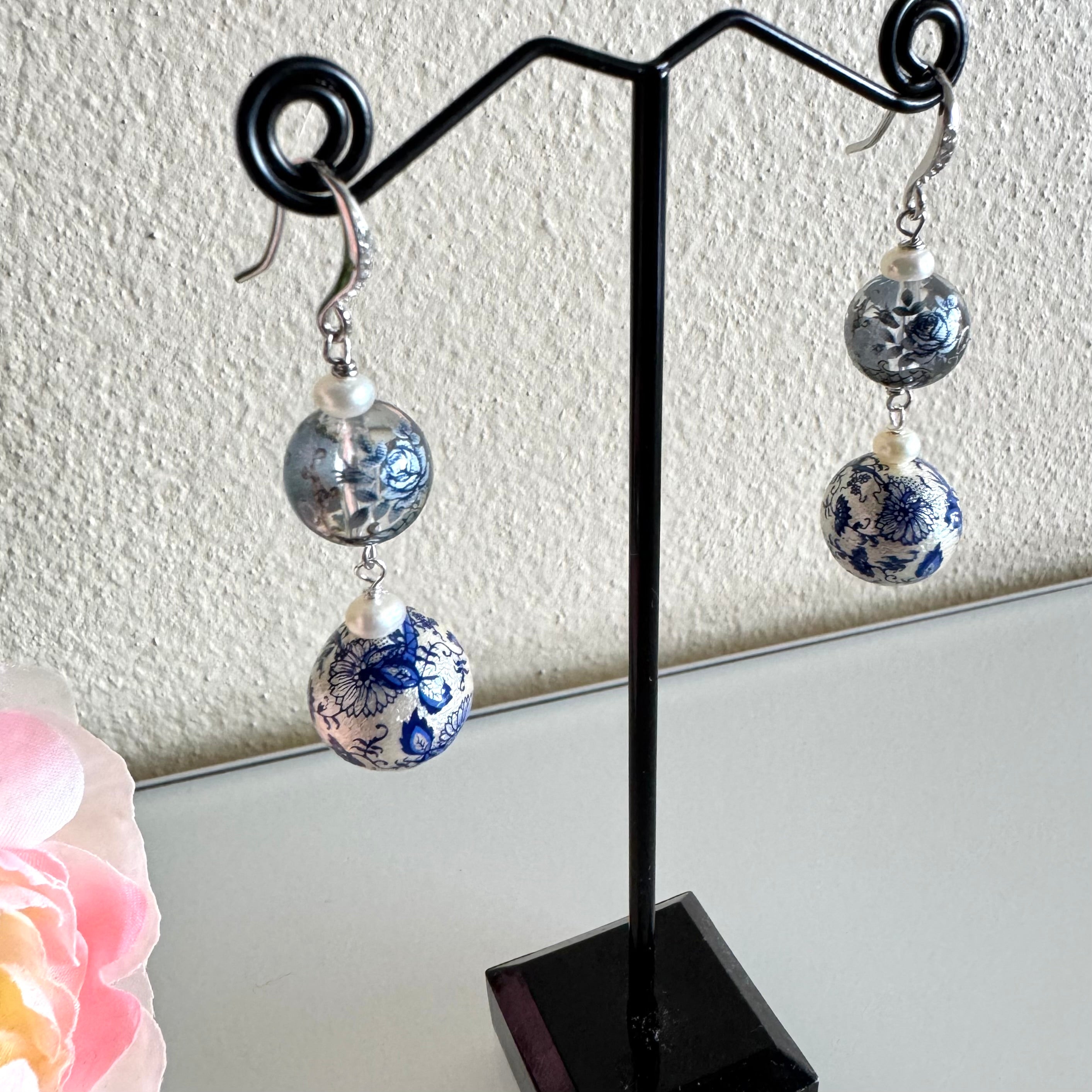 Sterling silver Japanese tensha beads and freshwater pearl earrings