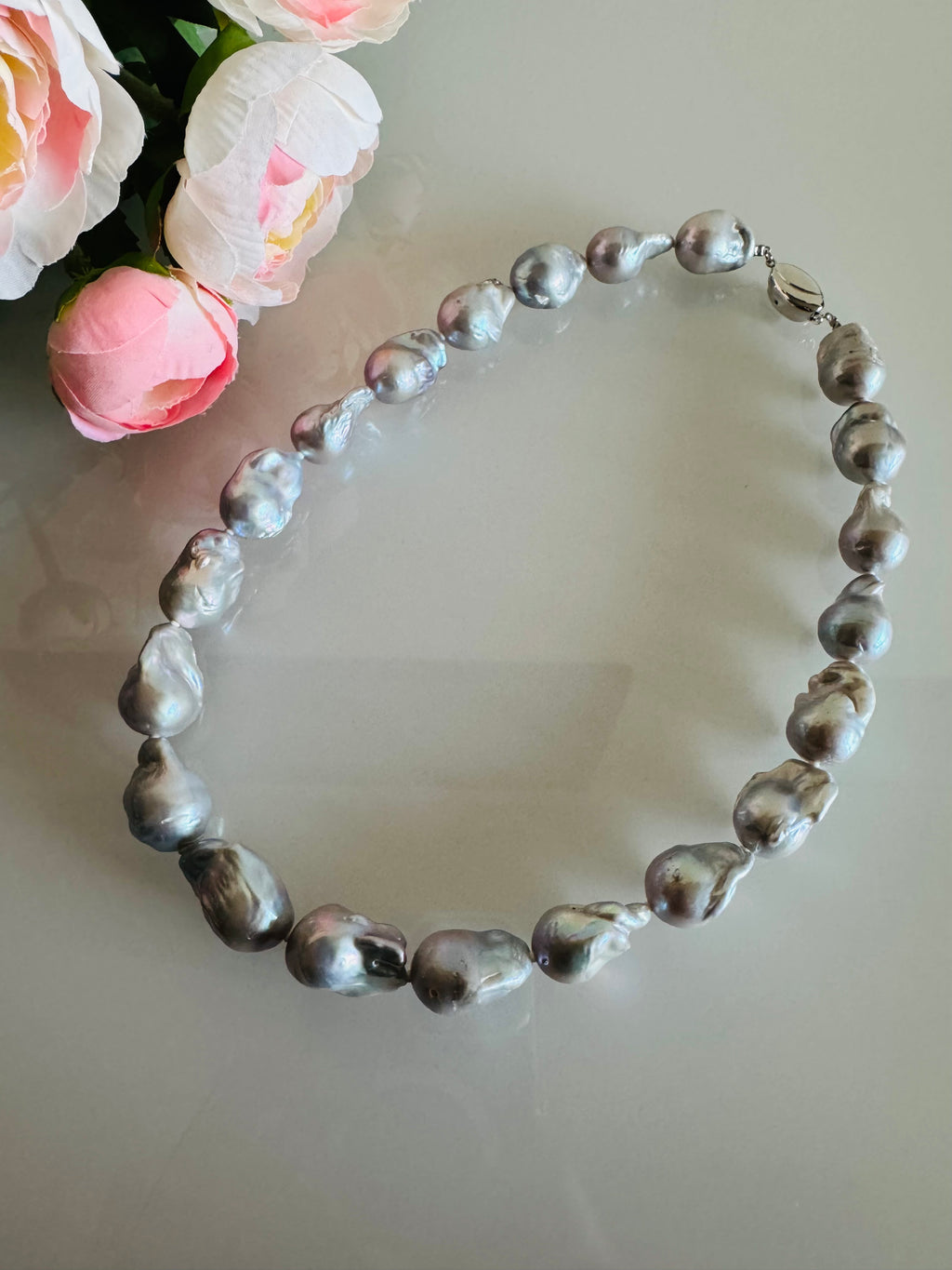 Large Grey Colour Baroque Pearl Necklace, 925 Sterling Silver Puch Clasp, Genuine Pearl Jewelry, Handcrafted in Australia, Exclusive Gift