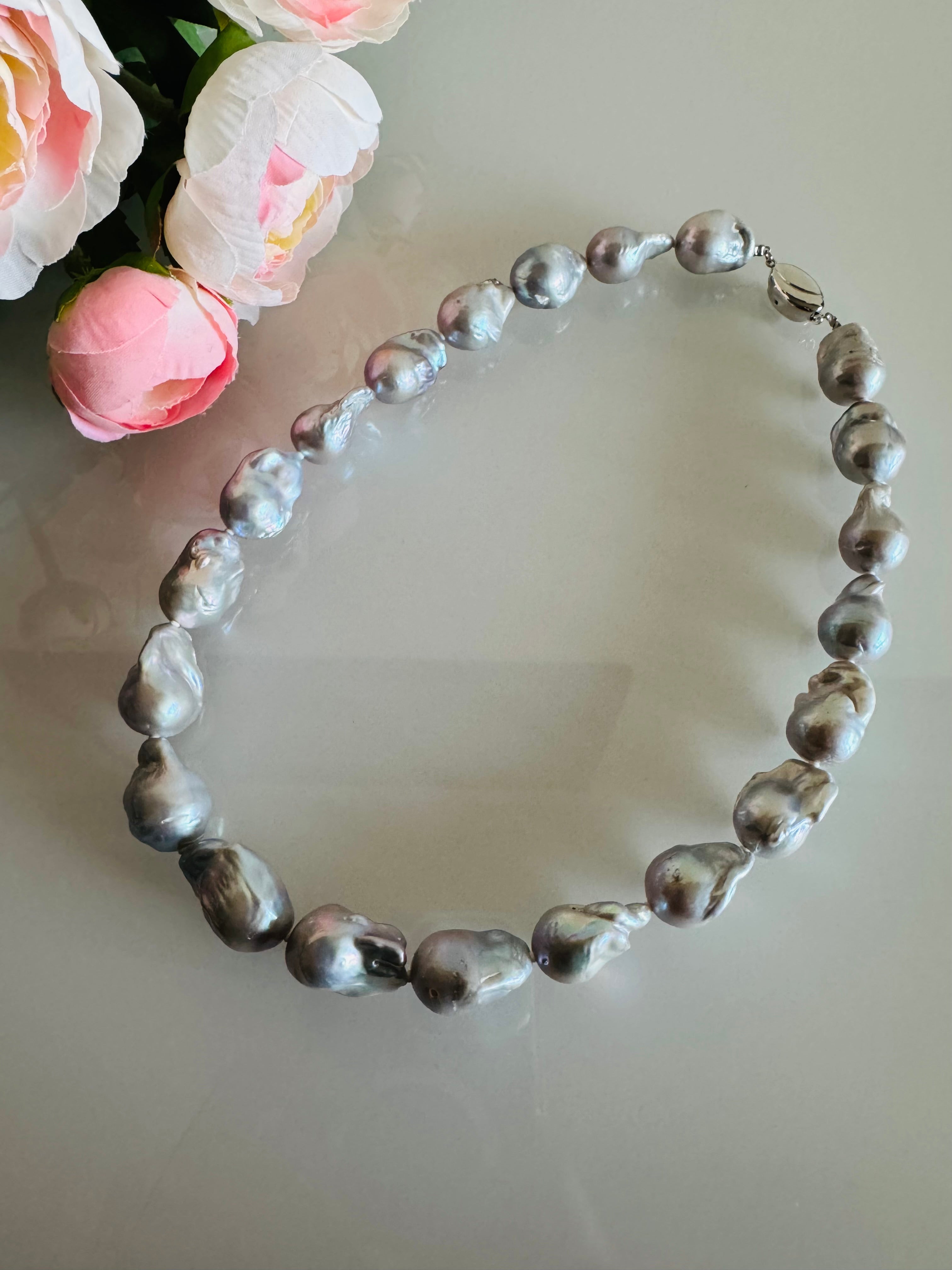 Large Grey Colour Baroque Pearl Necklace, 925 Sterling Silver Puch Clasp, Genuine Pearl Jewelry, Handcrafted in Australia, Exclusive Gift