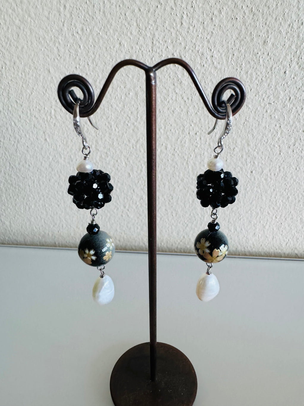Japanese Tensha Bead Earrings, Sterling Silver Freshwater Pearl Dangle Earrings, Crystal Beads Ball, Handmade Floral Drop Jewellery