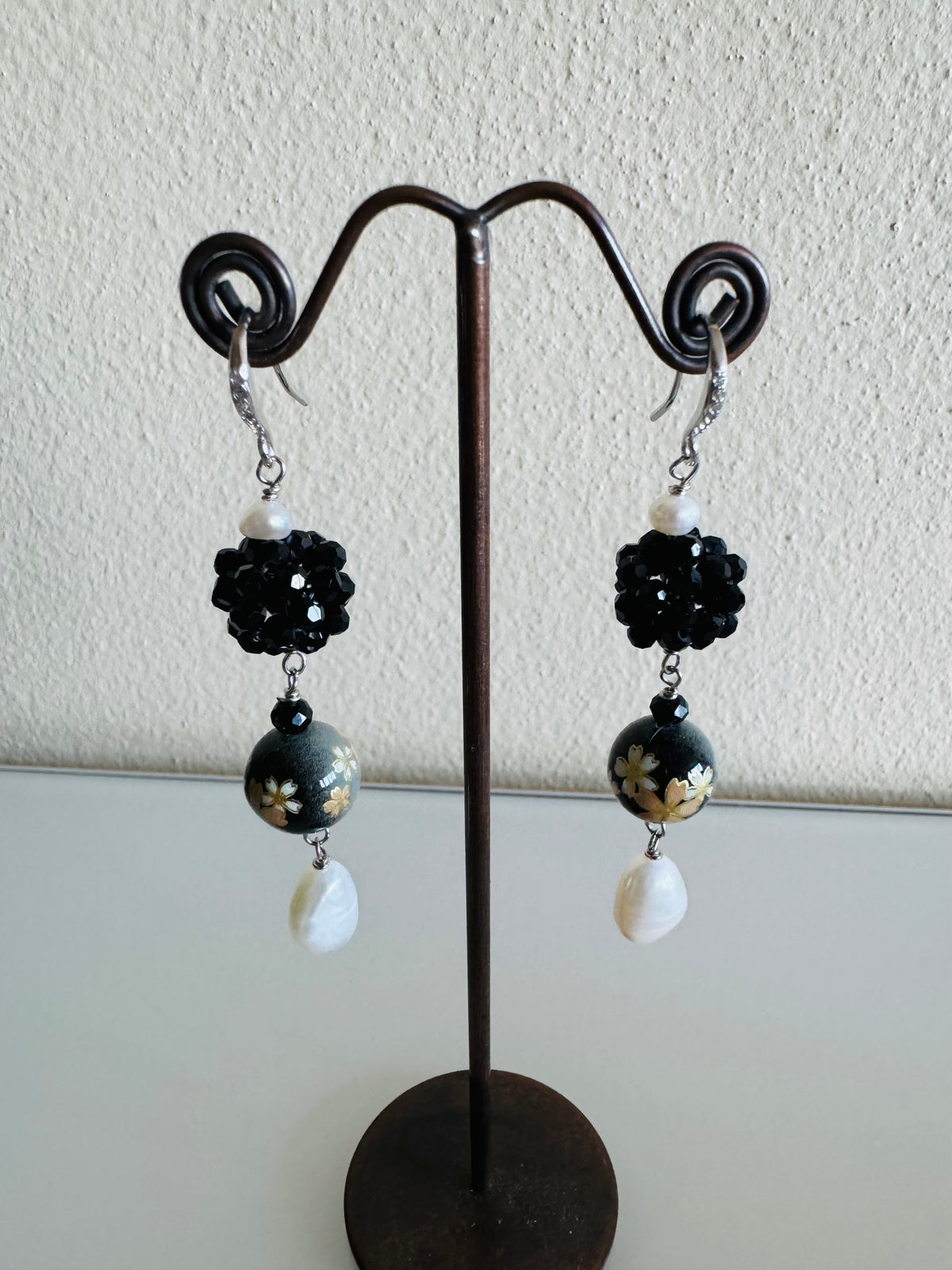 Japanese Tensha Bead Earrings, Sterling Silver Freshwater Pearl Dangle Earrings, Crystal Beads Ball, Handmade Floral Drop Jewellery