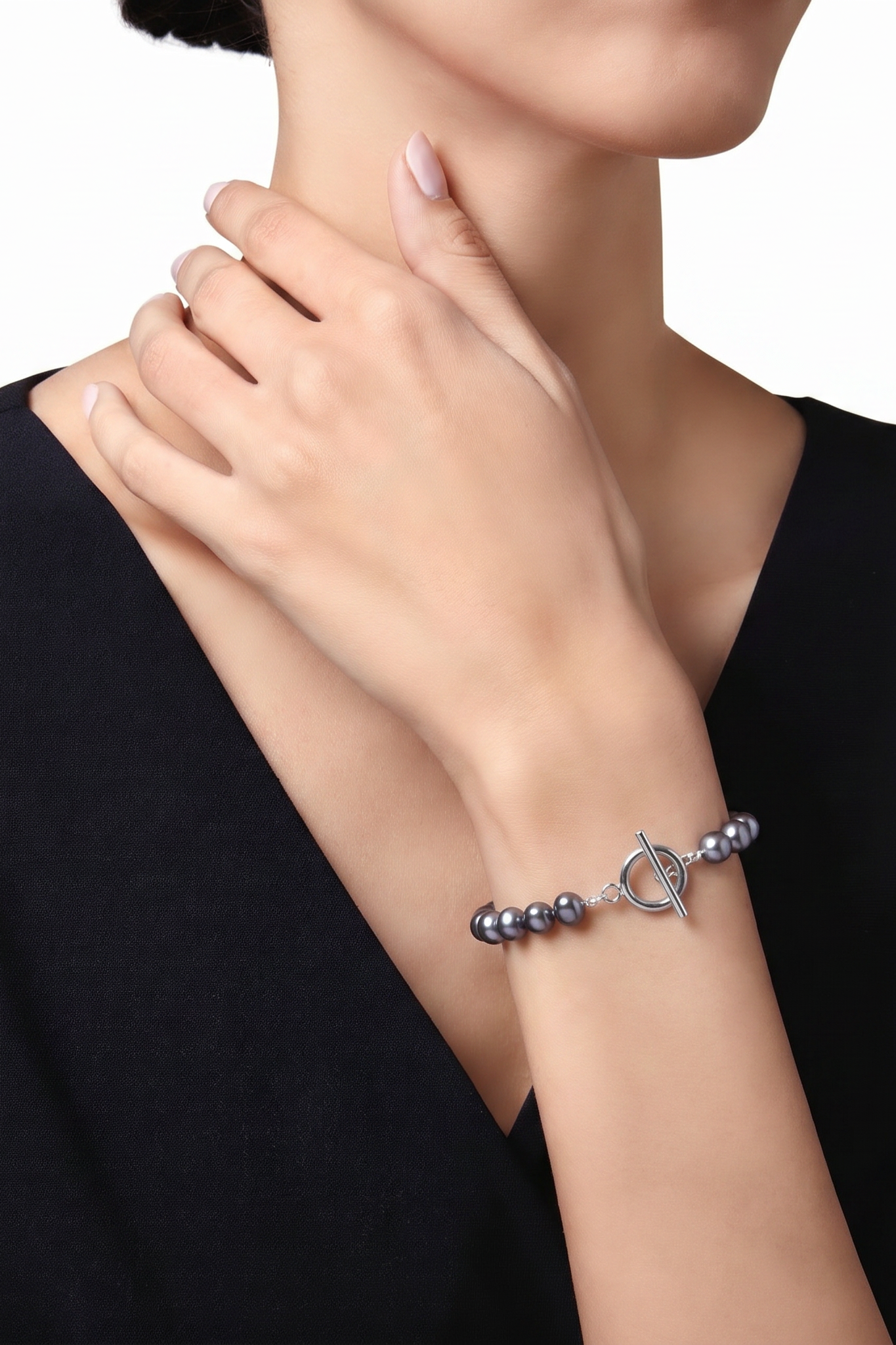 Freshwater black free form pearl bracelet with surgical stainless settings