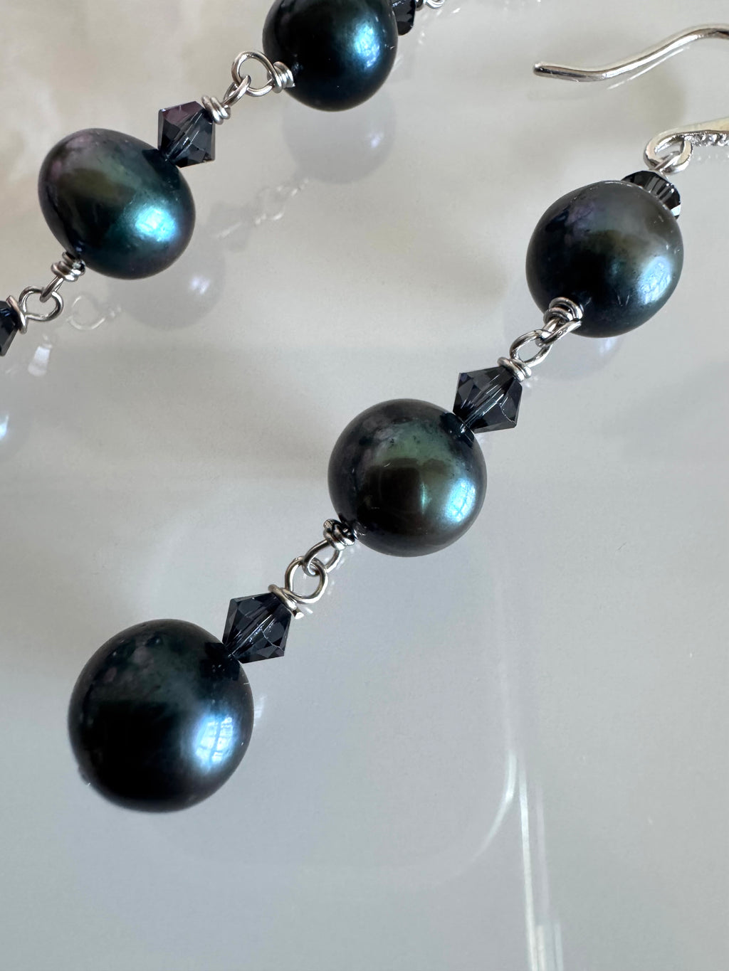 Black Freshwater Off Round Pearl Drop Trilogy Earrings With 925 Silver Hooks, Swarovski Crystals, Dangle Earrings, Anniversary Gift,