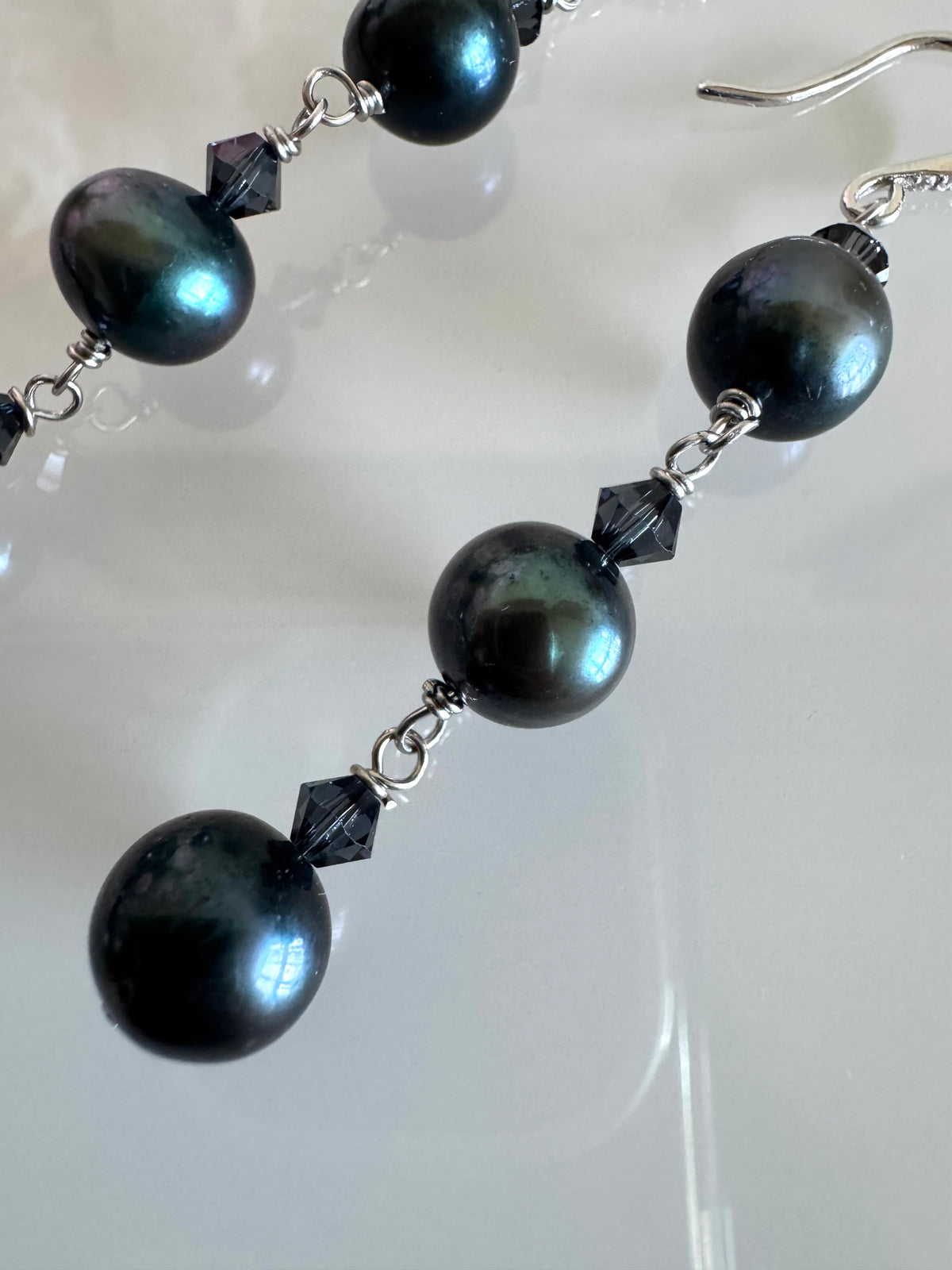 Black Freshwater Off Round Pearl Drop Trilogy Earrings With 925 Silver Hooks, Swarovski Crystals, Dangle Earrings, Anniversary Gift,