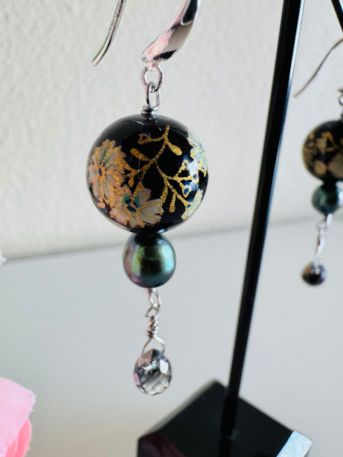Japanese Tensha Bead Earrings, Sterling Silver Freshwater Black Pearl Dangle Earrings, Crystal Glass, Handmade Floral Drop Jewellery