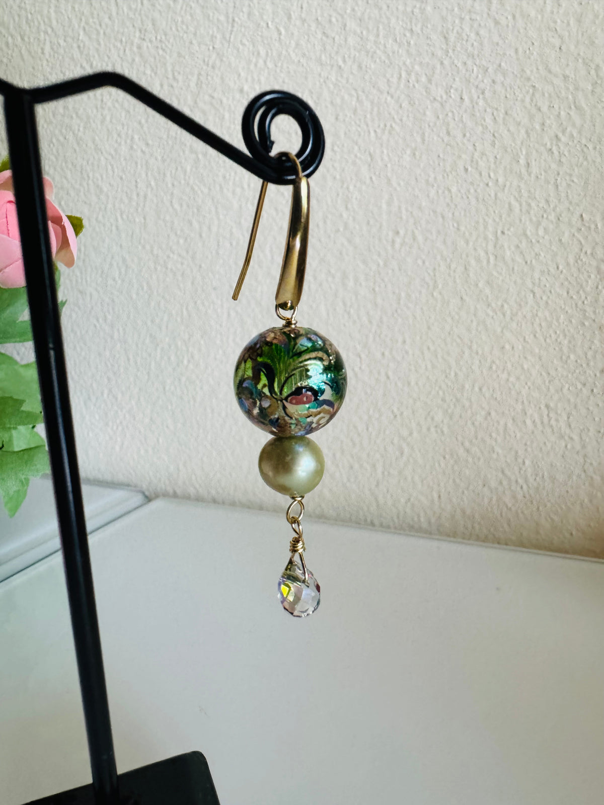 Japanese Tensha Beads Green Freshwater Pearl Round and Crystal Drop Earrings with Surgical Golden Stainless Hooks, Tarnish Free
