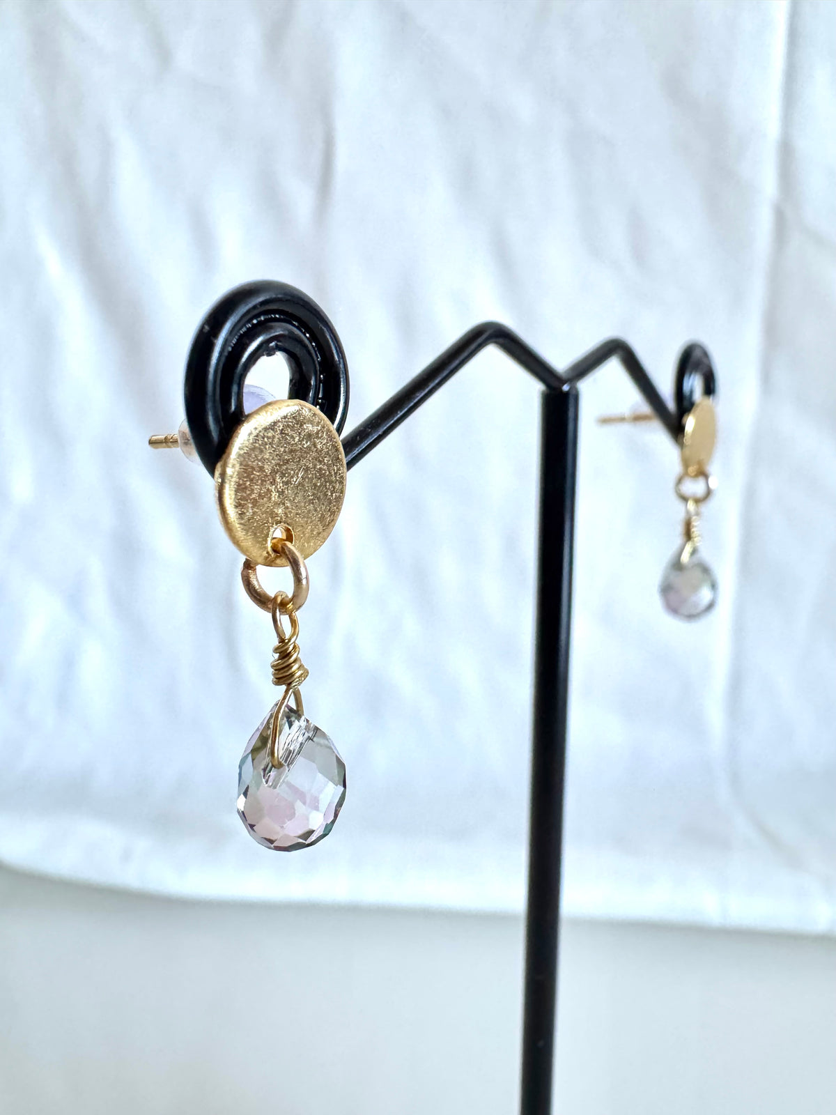 Handmade Crystal Drop Earrings, Green-Purple Briolette, Surgical Stainless Gold Studs (1.5g)