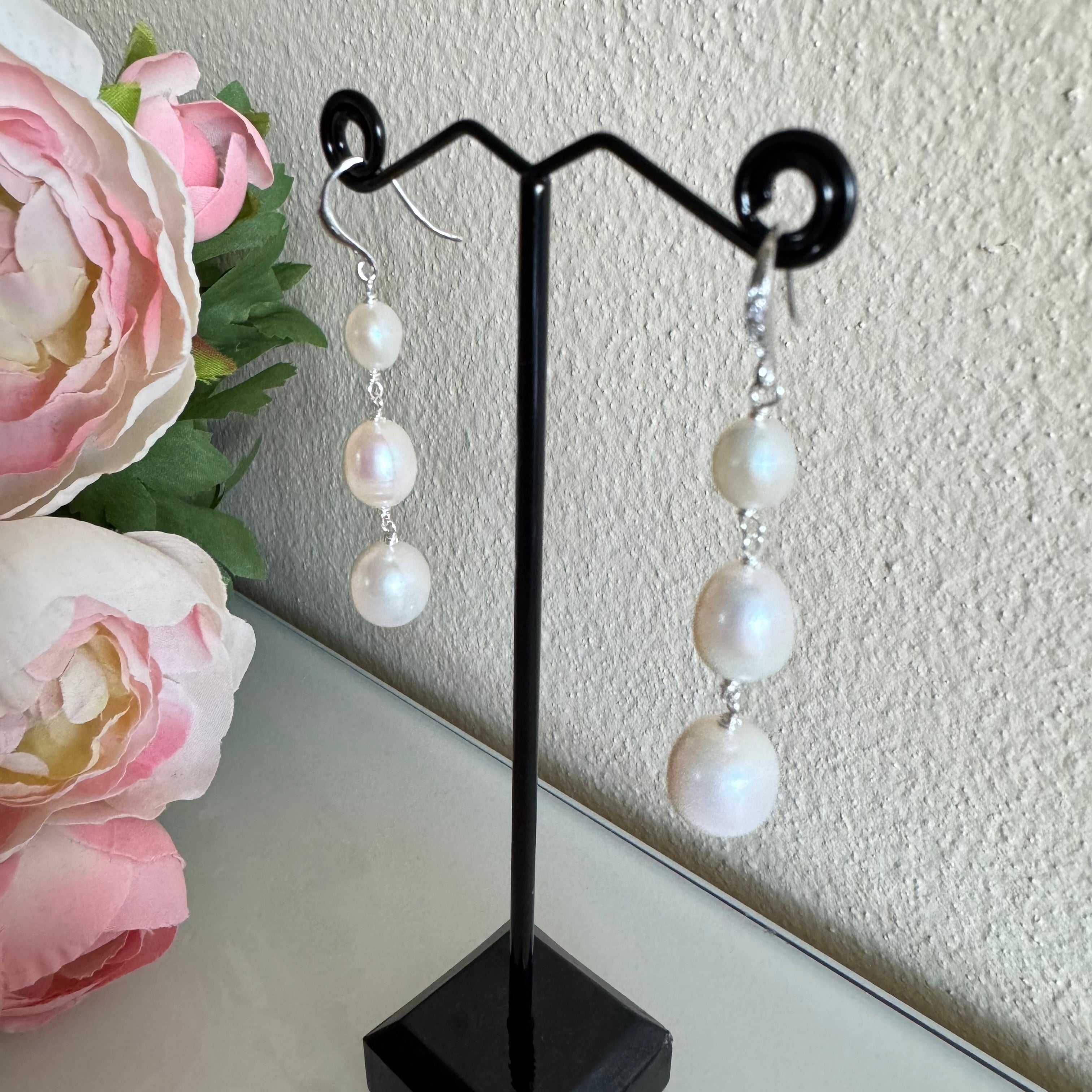 Sterling silver freshwater pearl trilogy earrings with cubic zirconia melees