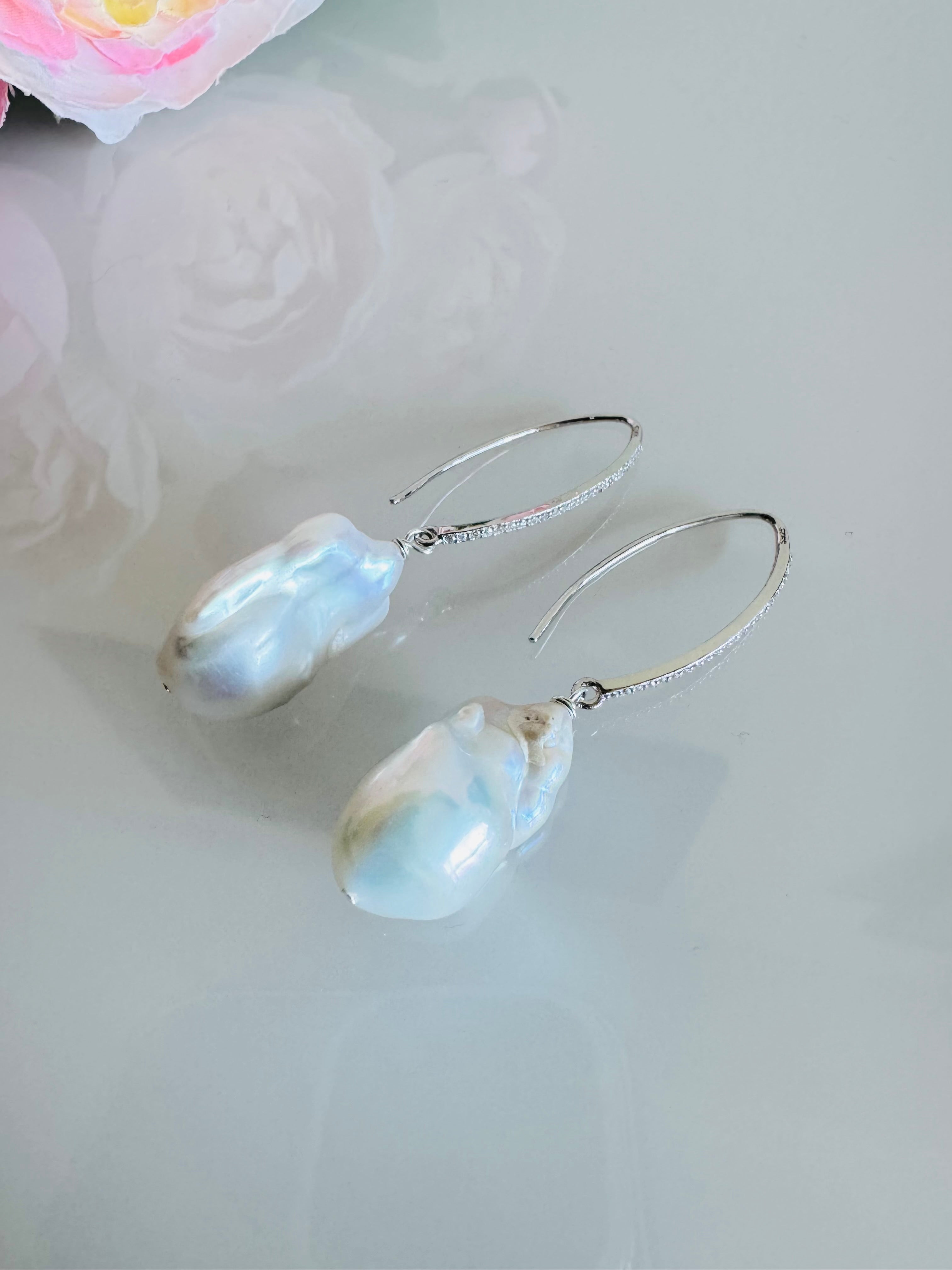 Sterling silver freshwater baroque pearl earrings with cubic zirconia melee stones