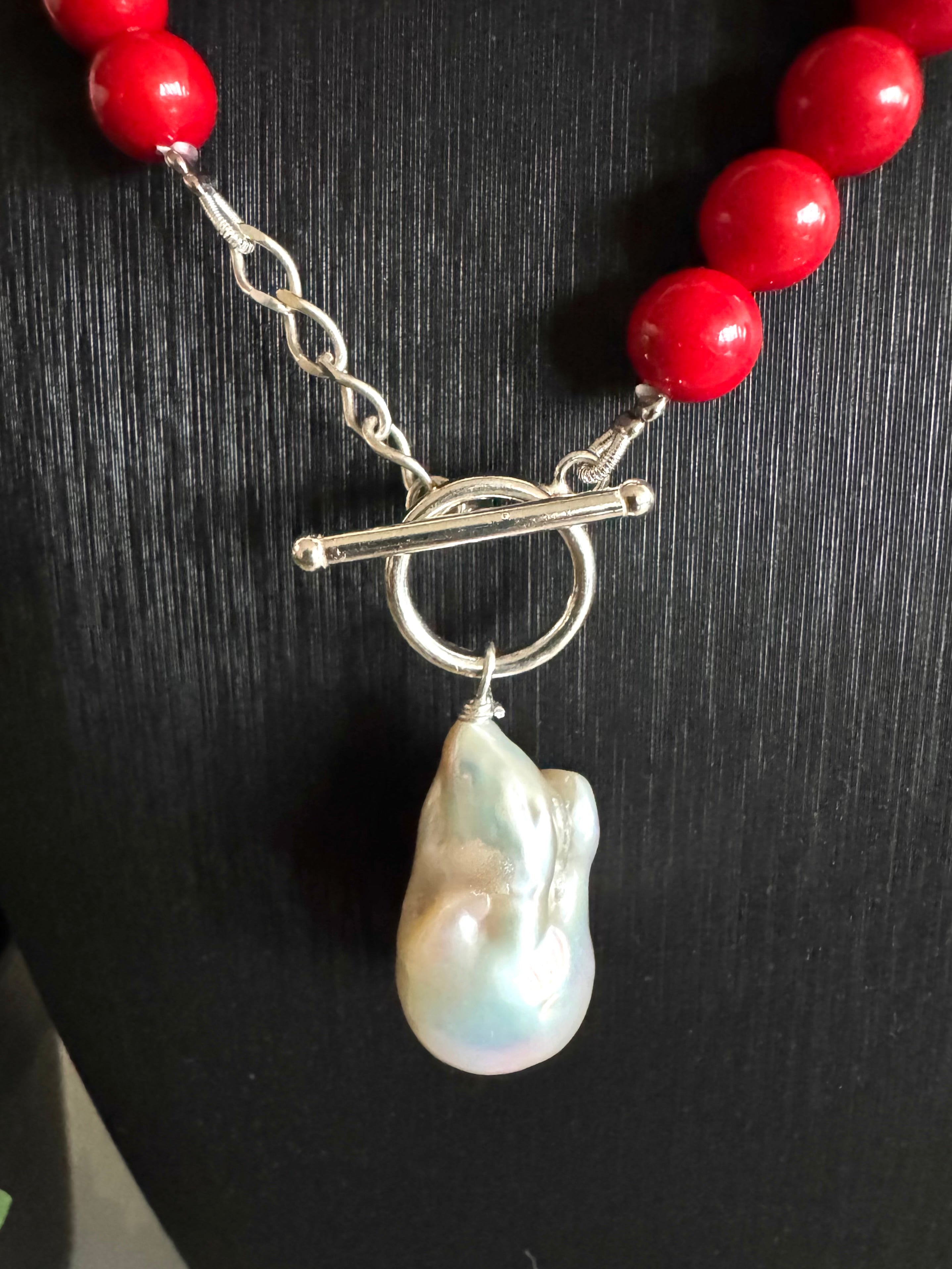Sterling silver freshwater baroque pearl and red shell pearl necklace