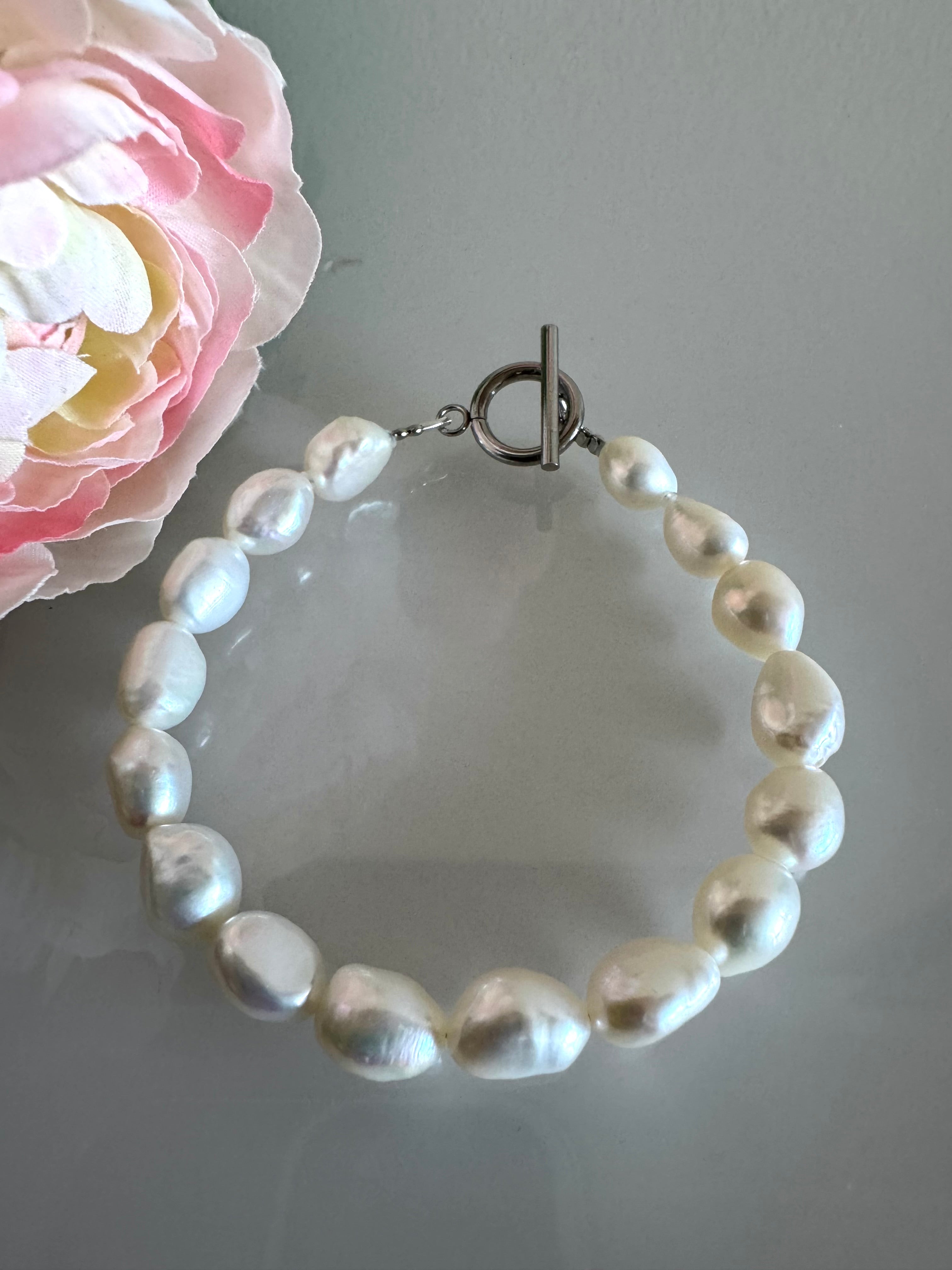 Freshwater free form baroque pearl bracelet with surgical stainless settings