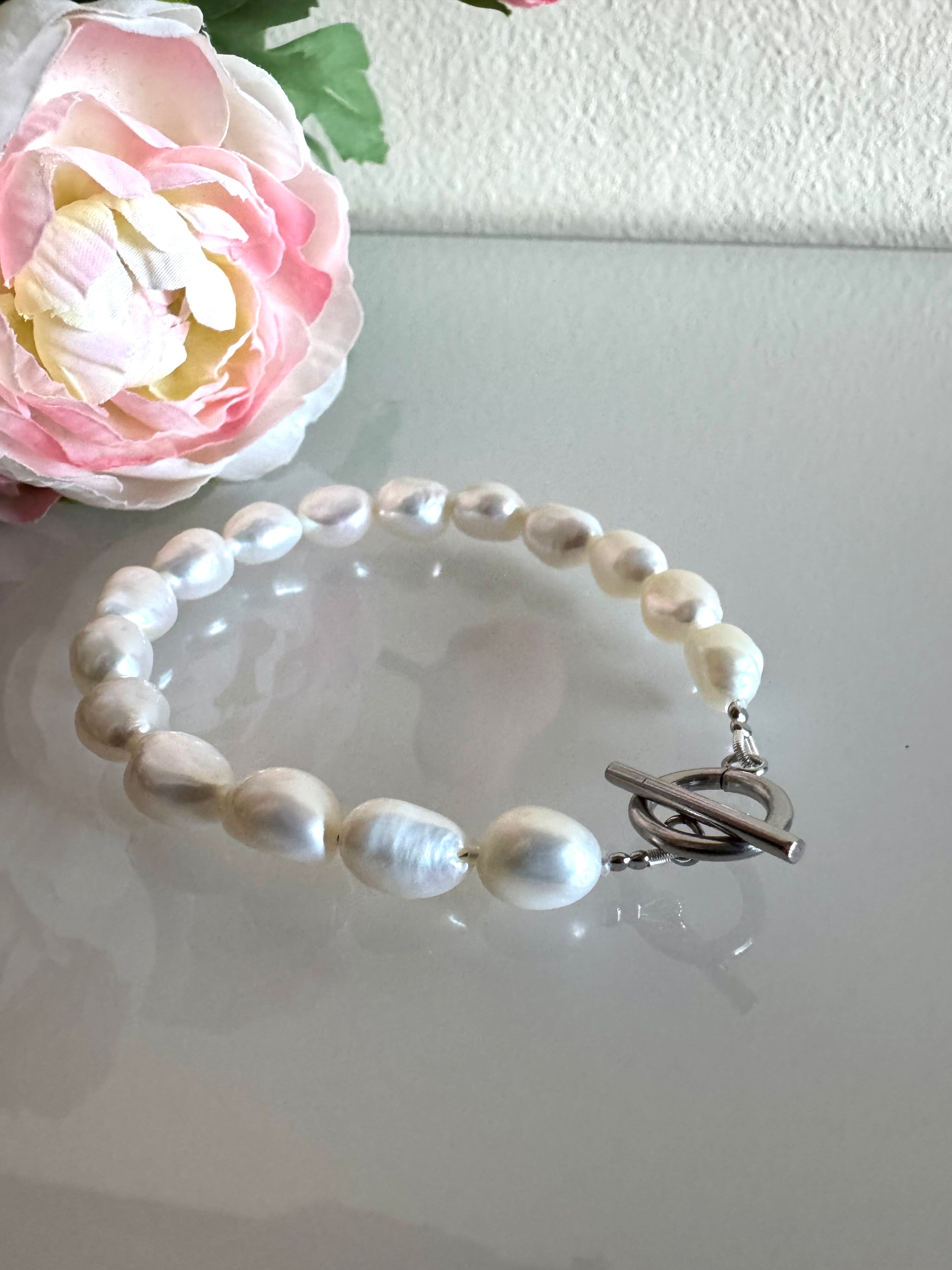 Freshwater free form baroque pearl bracelet with surgical stainless settings