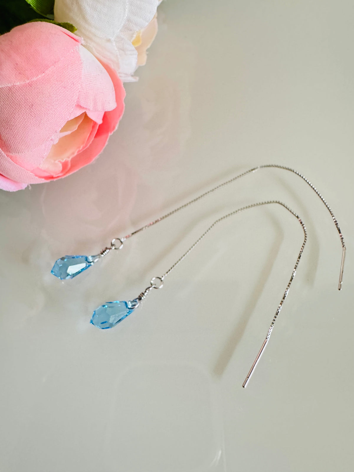 Swarovski Crystal Drop Earrings, Sterling Silver Aqua Blue Dangle Chain Earrings, Handmade Australian Jewellery, Rodium Plated Silver