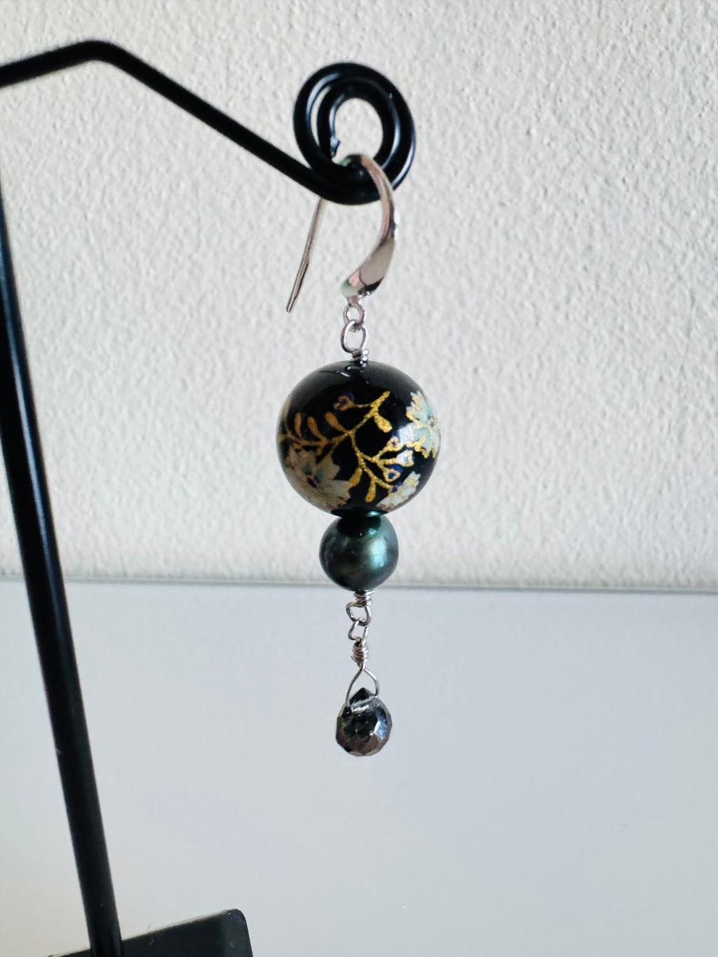 Japanese Tensha Bead Earrings, Sterling Silver Freshwater Black Pearl Dangle Earrings, Crystal Glass, Handmade Floral Drop Jewellery