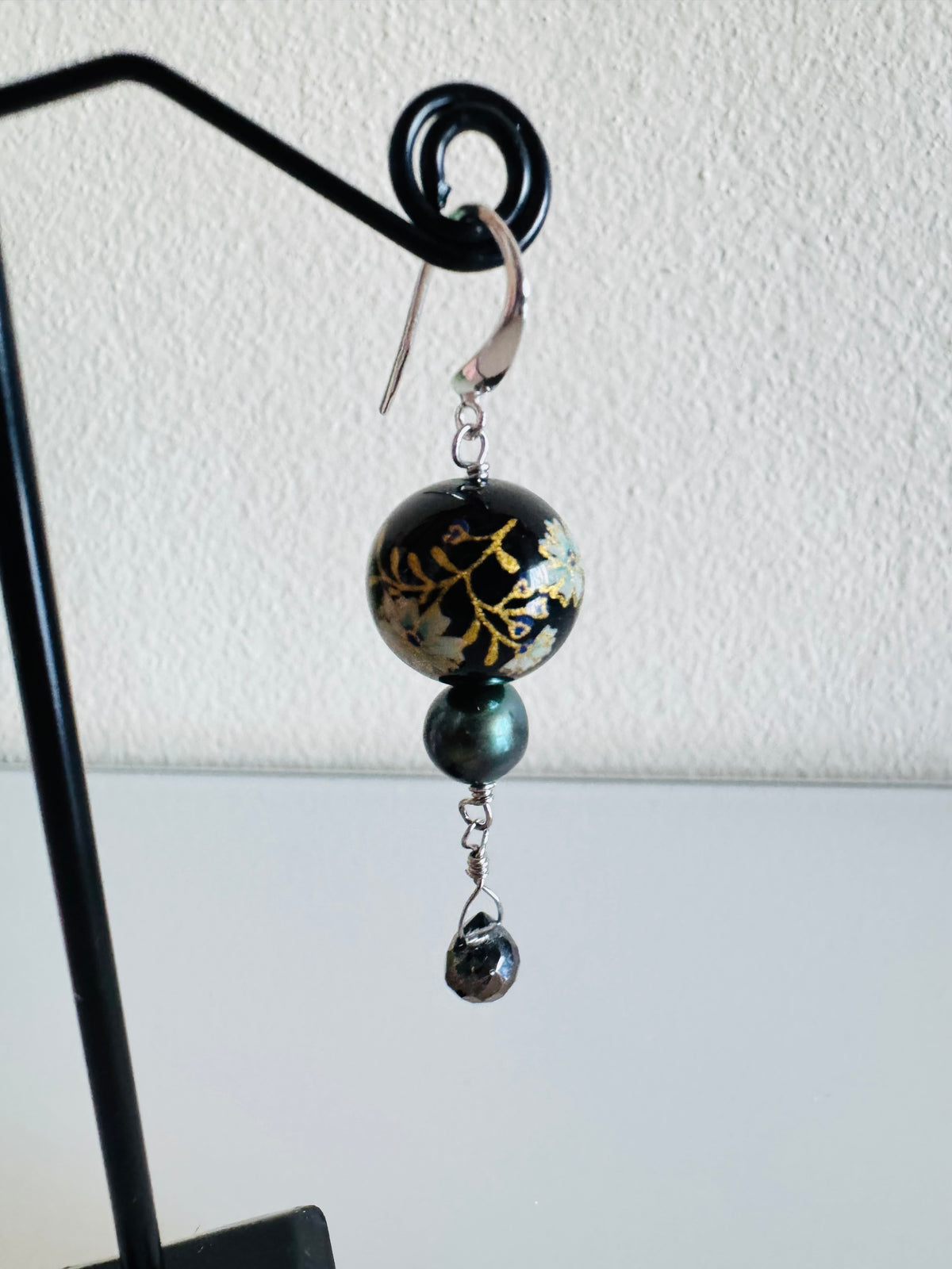 Japanese Tensha Bead Earrings, Sterling Silver Freshwater Black Pearl Dangle Earrings, Crystal Glass, Handmade Floral Drop Jewellery