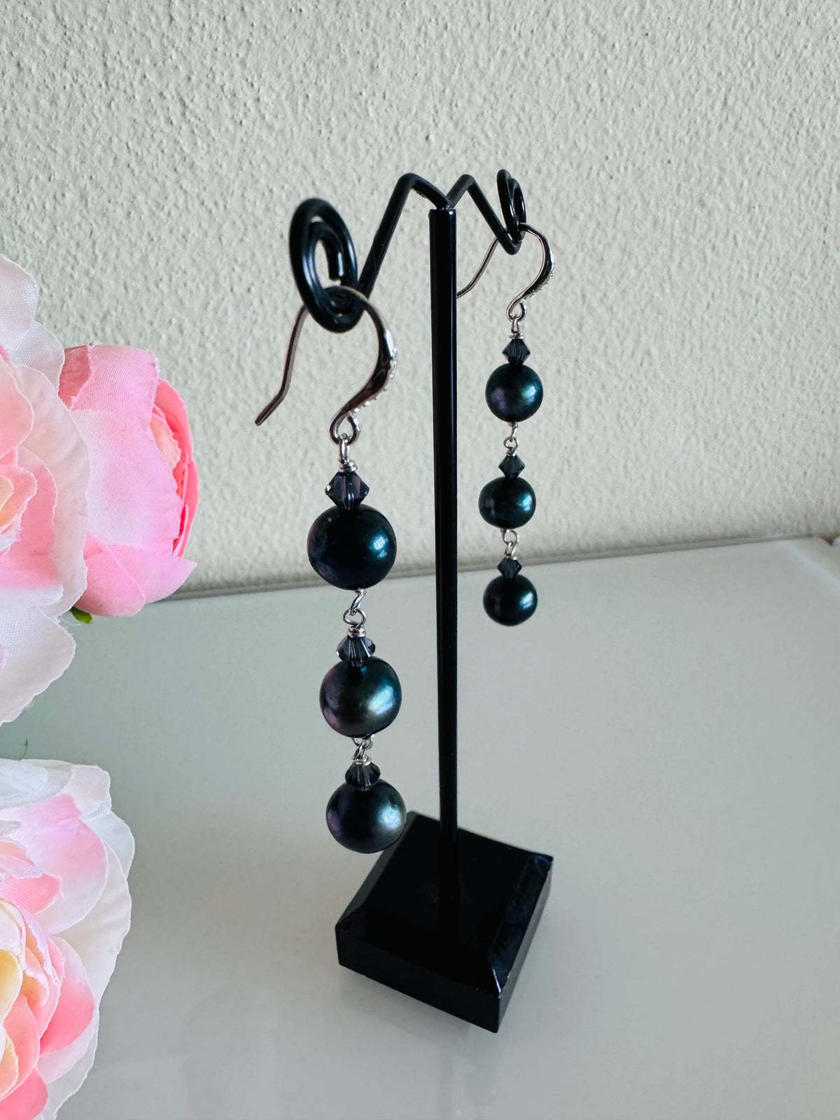 Black Freshwater Off Round Pearl Drop Trilogy Earrings With 925 Silver Hooks, Swarovski Crystals, Dangle Earrings, Anniversary Gift,