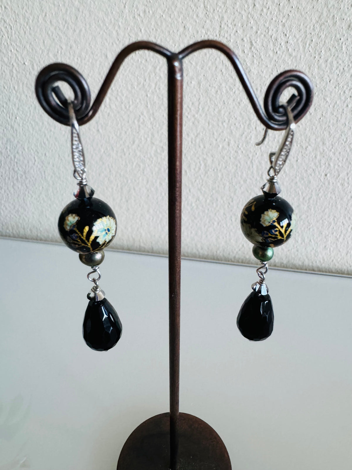 Japanese Tensha Bead & Onyx Earrings, Sterling Silver Freshwater Black Pearl Dangle Earrings, Swarovski Crystal, Handmade Australia