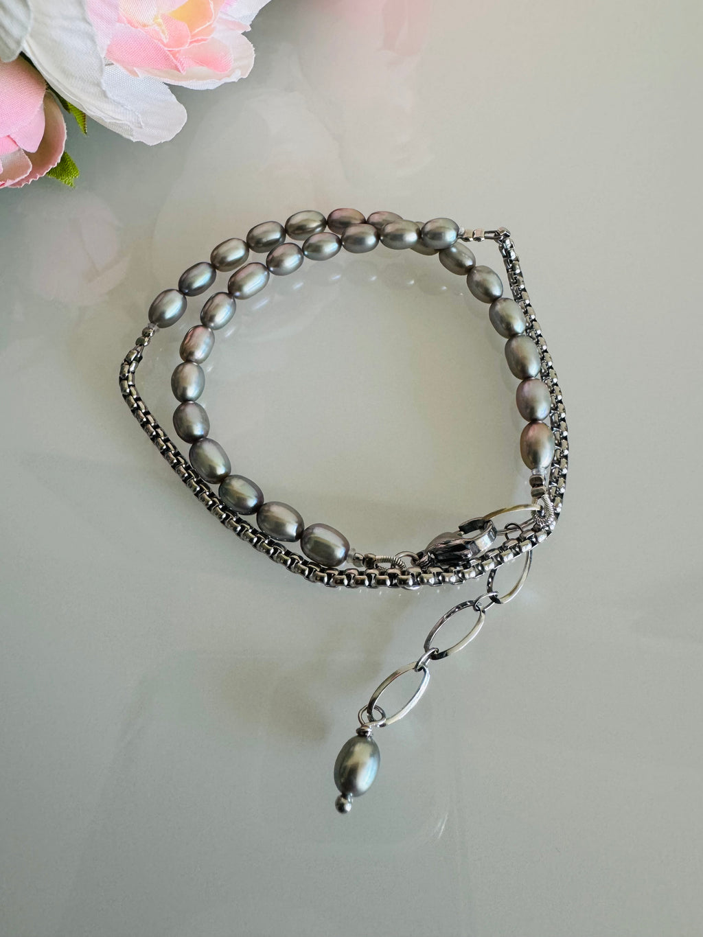 Freshwater Grey Colour Pearl Wrapping Bracelet, Real Pearl Jewellery, Waterproof Surgical Stainless Chain & Adjustable Clasps, Gift for Her