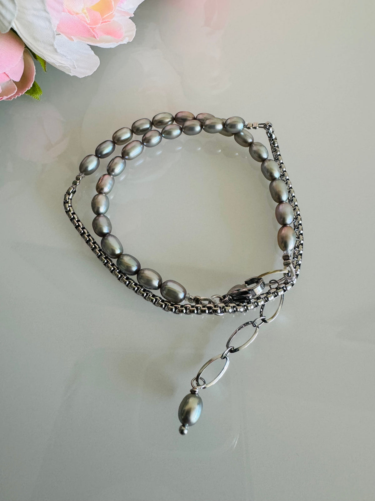 Freshwater Grey Colour Pearl Wrapping Bracelet, Real Pearl Jewellery, Waterproof Surgical Stainless Chain & Adjustable Clasps, Gift for Her