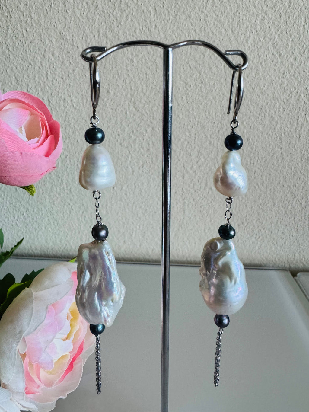 Large Freshwater Pearl Earrings with Sterling Silver Hooks and Surgical Stainless Settings and Chains