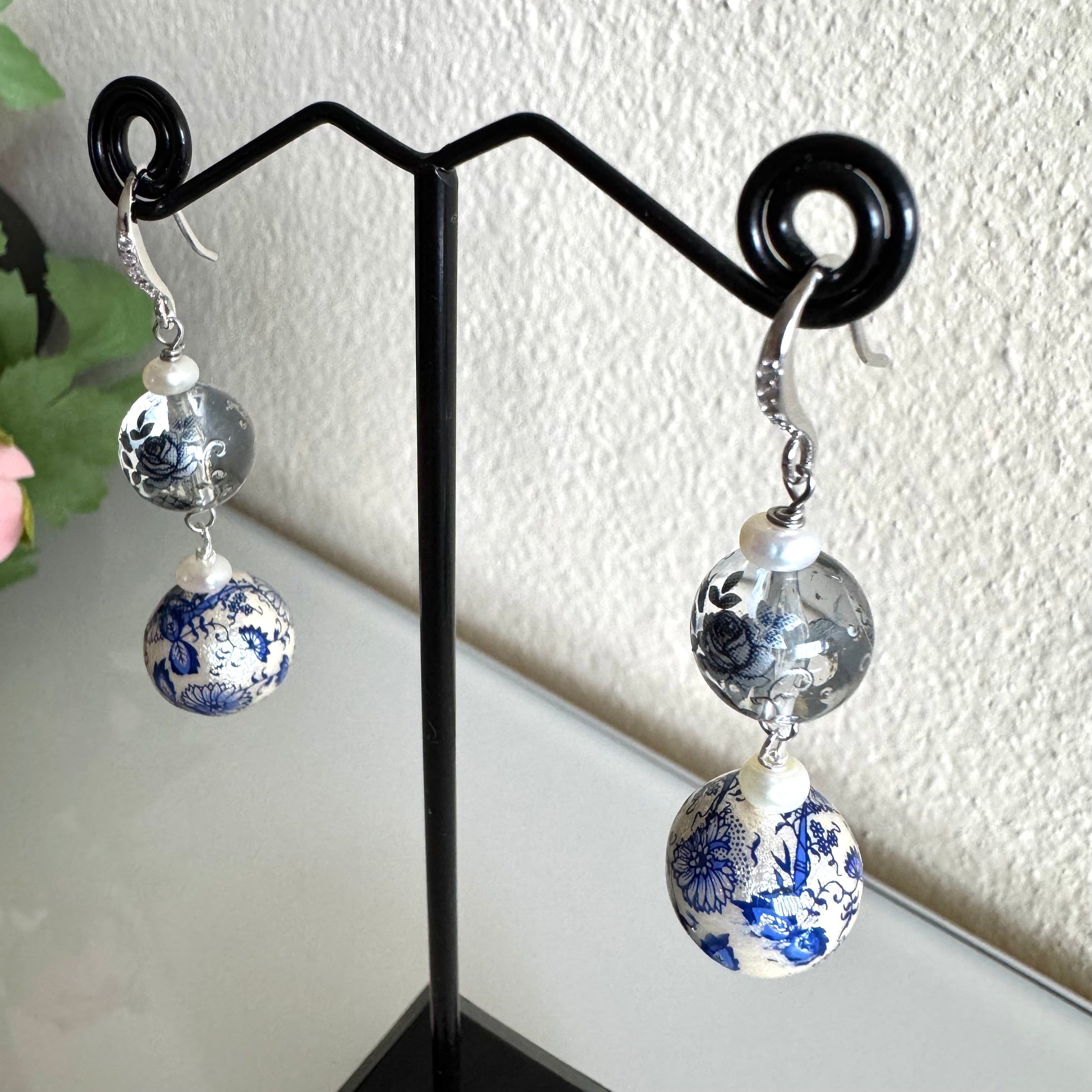 Sterling silver Japanese tensha beads and freshwater pearl earrings