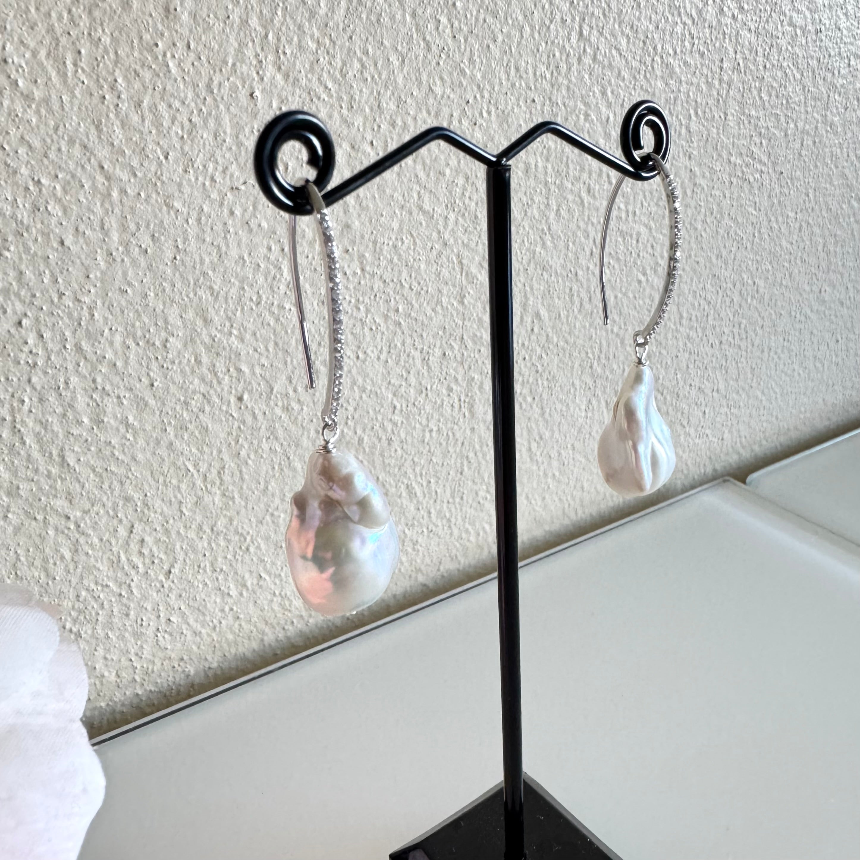 Sterling silver freshwater baroque pearl earrings with cubic zirconia melee stones