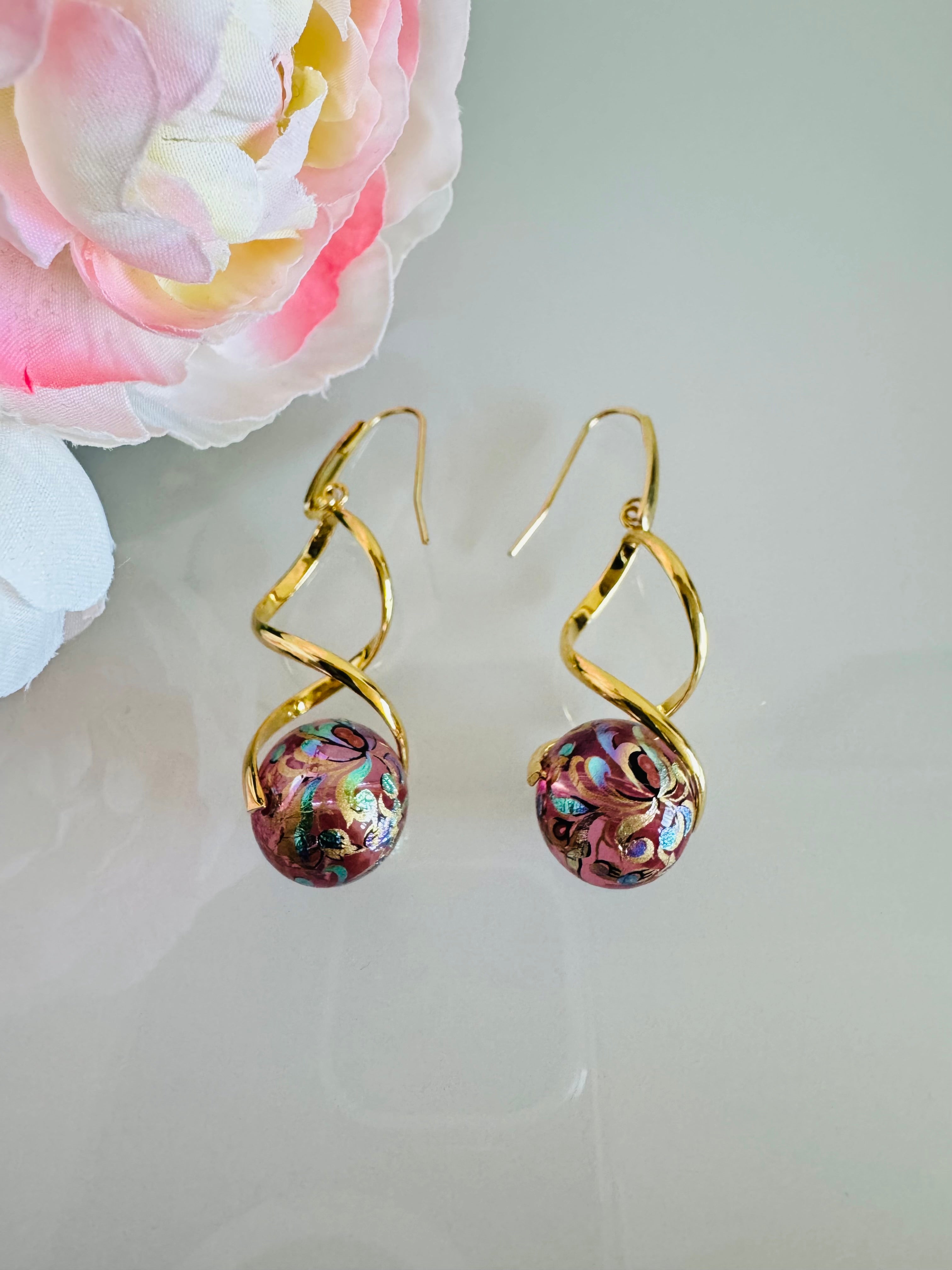 Japanese tensha beads earrings with surgical gold stainless steel hooks